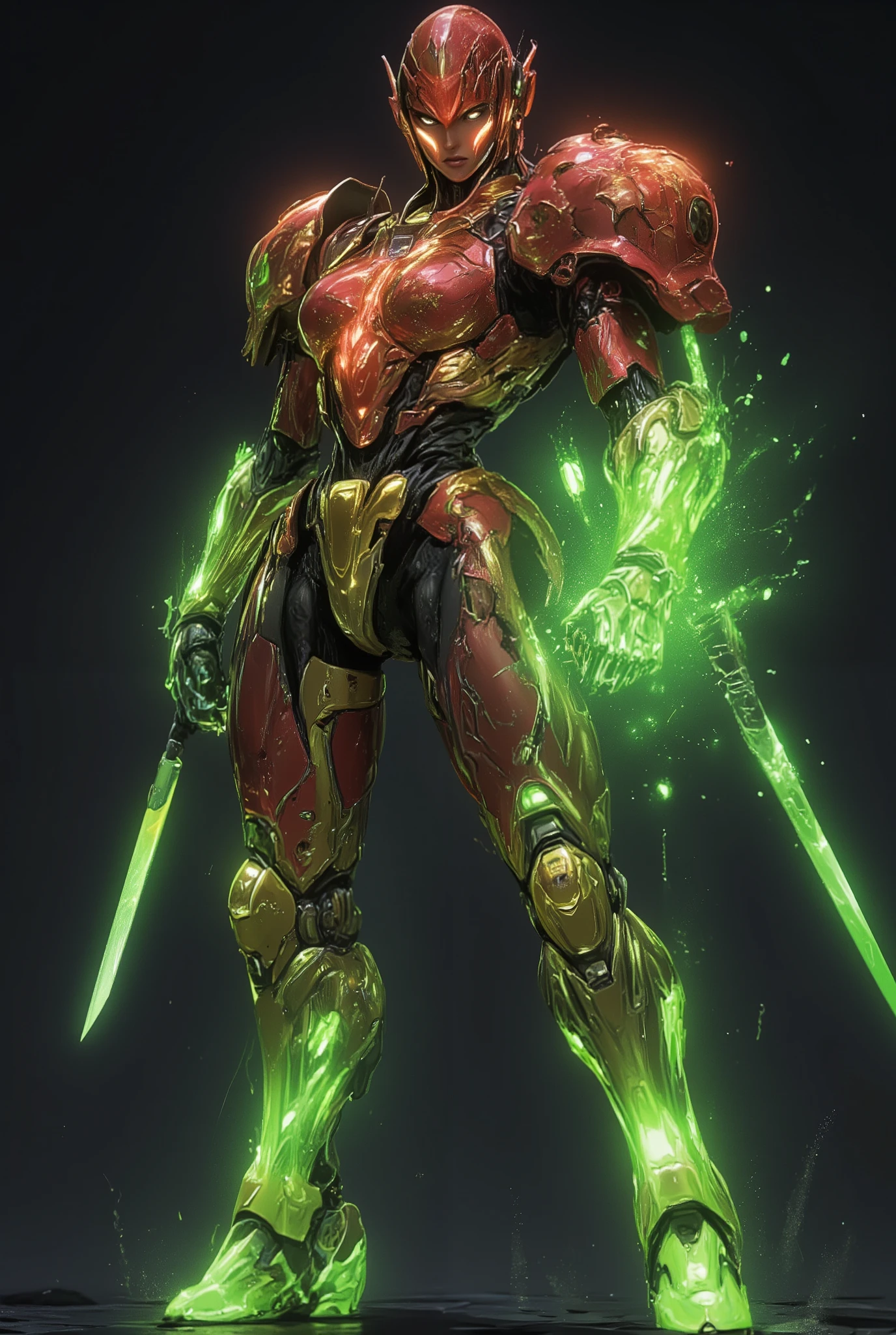 Masterpiece:1.2), best quality, high resolution, Unity 8K Wallpaper, (super real illustration:1.0), Beautiful Details, very detailed on trends, perfect lighting, neon colored, very detailed on trends CG, Shine eyes, backlit, armor, Shine, full_armor, warframe, stunning humanoid_robot lady, tall, (Martial arts fighting pose:1.5), mask ,sample_background, arms, scary monsters, iridescent red and shiny golden and matt black_armor, Audience, alone, perspective, Anatomical accuracy, bold composition, cool fighting pose, Burning Fist, green fire, Exudes an aura