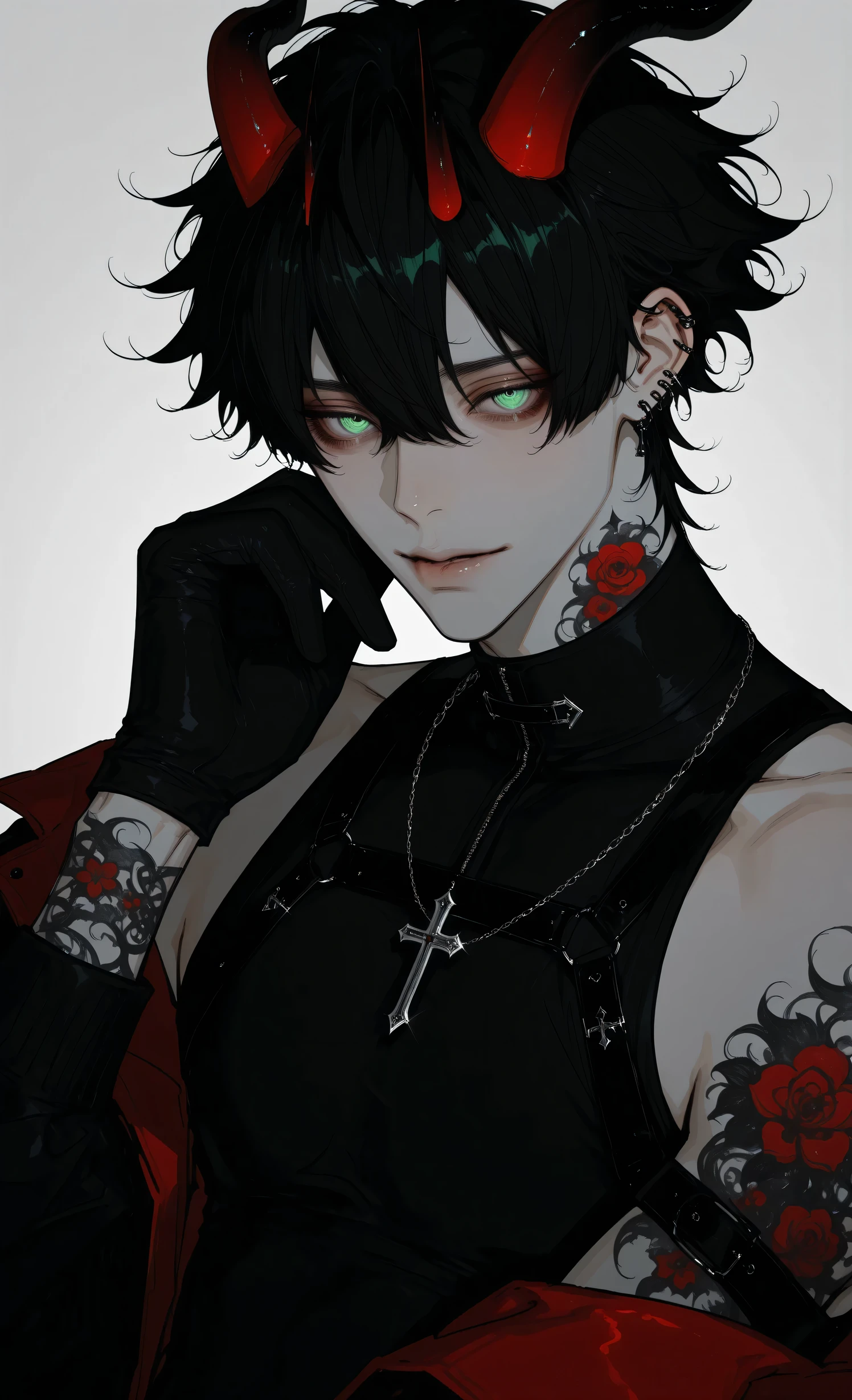 Edge_crimson,masterpiece, newest, absurdres, safe Solo, high detailed, male, handsome, jet black hair, sharp green eyes, dragon horns, upper body, white background