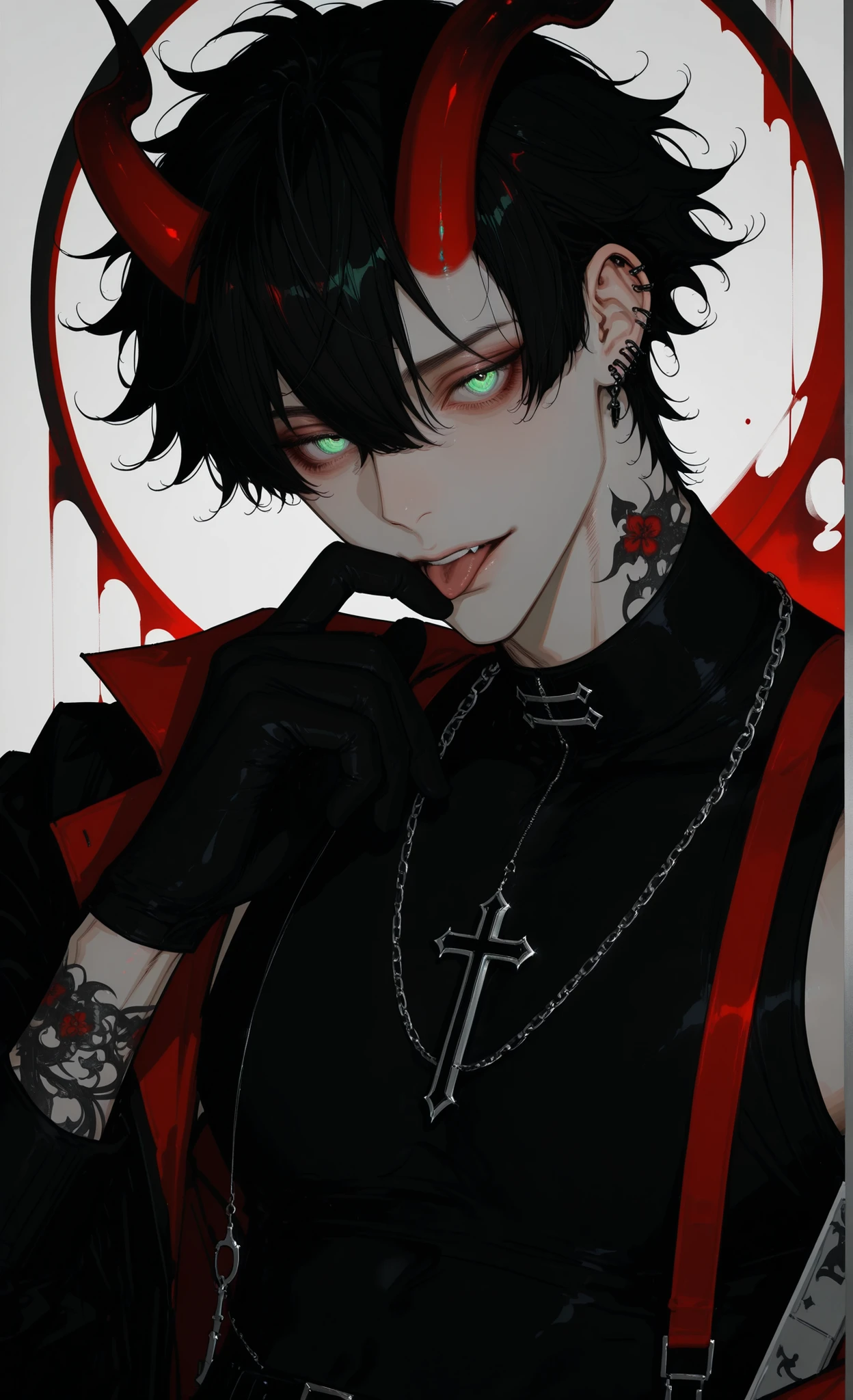 Edge_crimson,masterpiece, newest, absurdres, safe Solo, high detailed, male, handsome, jet black hair, sharp green eyes, dragon horns, upper body, white background