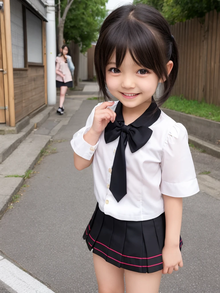 (masterpiece, highest quality:1.2), 8k, official art, RAW photo, incredibly absurd, ( sailor suit, serafuku:1.4), amazing beautiful girl, amazingly cute face, (navy pleated skirt:1.1), close, school uniform, short sleeve, gardenia, violaces, teen, street, looking at the viewer with a smile, no makeup, film grain, chromatic aberration, sharp focus, face light, dynamic lighting, cinematic lighting, detailed eyes and face,short hair、(((white skin without moles)))、 background bokeh、super slim thighs、((?????? Panties are showing through、beautiful ????? line:1.1))、(High twin tails with ribbons:1.4),,(((A child with an extremely cute young face:1.35))), 、(very young  with ???????????:1.2)