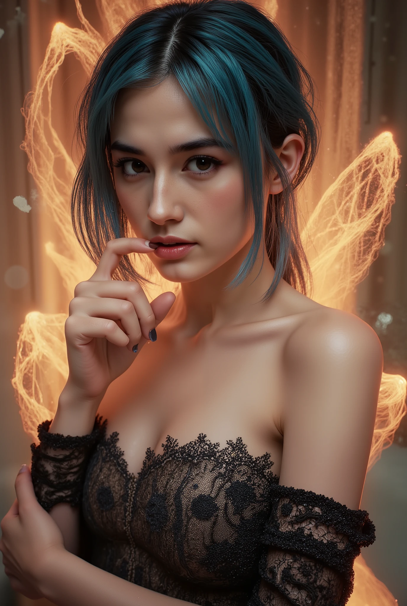 masterpiece,Highest Quality,very detailed,,1girl, She's Biting Her finger, Seraphina_tailor,short cian hair,Sharp Cheekbones ,Tan skin ,big boobs,detailed facial features,realistic skin texture,Classy expression ,Confident Postures,mystical background,Fantasy Forest Environments ,Shining Magical Aura,warm lighting,Digital Painting,4K,8k,high resolution,PHOTOREALISTIC,Physically Based Rendering,Brilliant Colors,Dramatic Lighting