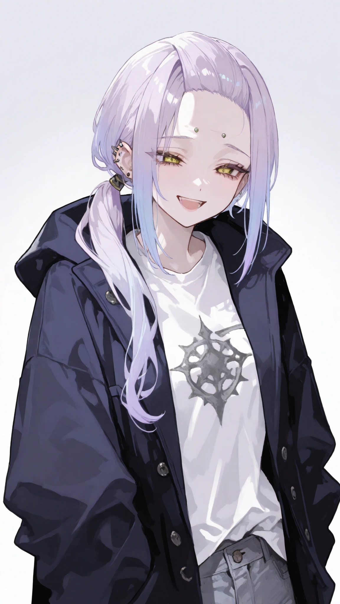 girl,laughing , open mouth,smile,light purple hair blue highlights,standing,white shirt,MULTILAYER BLACK HOODED COAT,Trousers, punker , yellow eye,piercing ears,White Highlight Hair,White gradient hair,Rockers,milf,Ponytail Forehead,Upper Body Shape