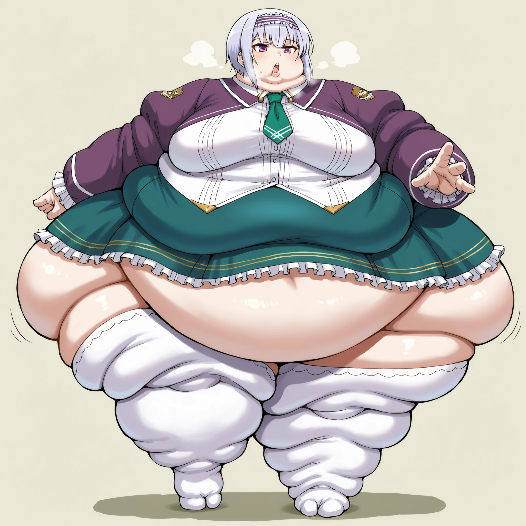 linze silhoueska, short hair, hairband, aqua eyes, purple eyes, frilled hairband, medium breasts,
skirt, thighhighs, white thighhighs, puffy sleeves, white shirt, necktie, green necktie, purple sleeves, green skirt, frilled skirt, fat, chubby, obese, fat neck, multiple chins, big breasts open mouth, out of breath, Larger female, full body shot, only head, large head, oversized limbs, large hands, large feet, oversized feet, oversized fingers, big lips, plump lips, fat face, fupa, big fupa, fat fupa, hunchback,
