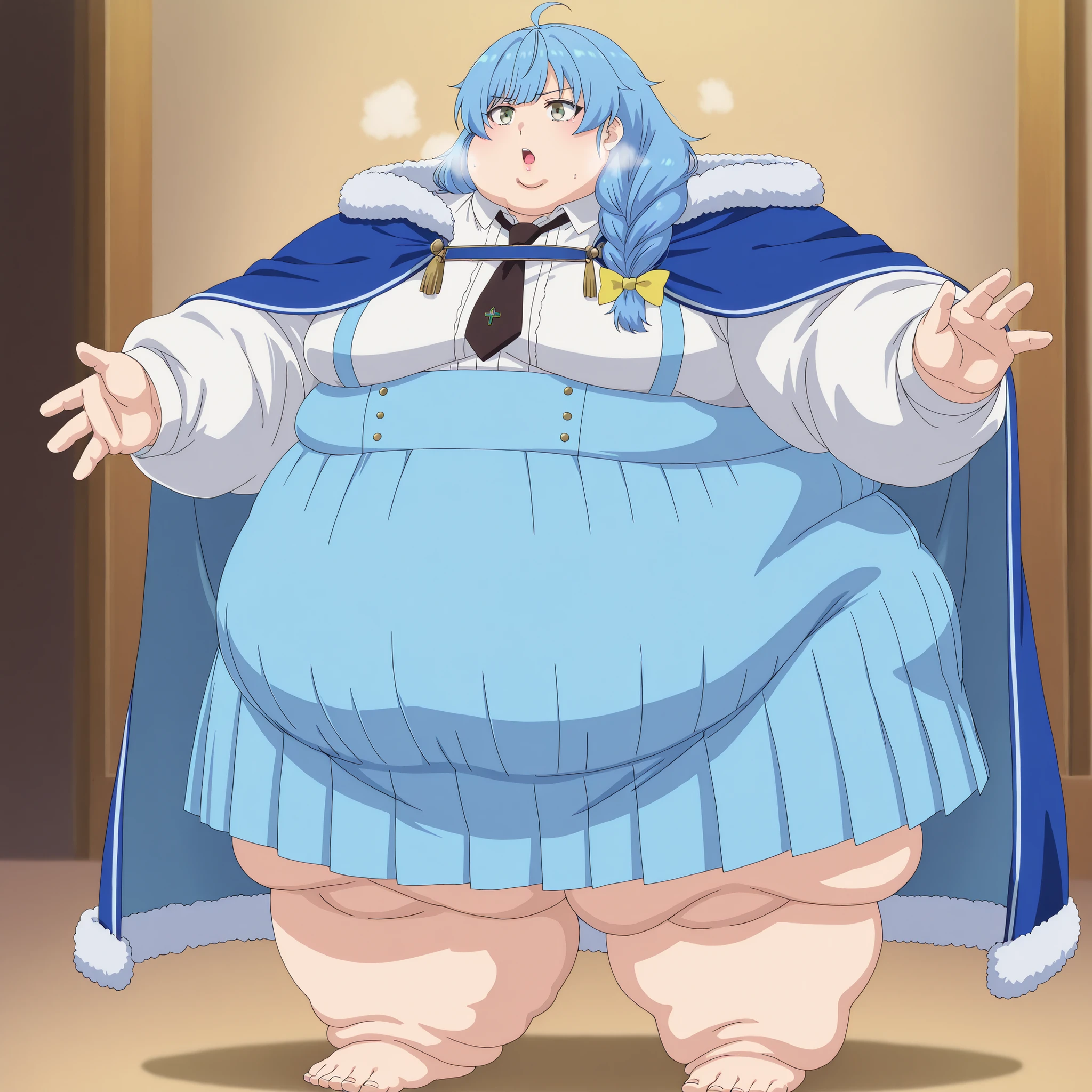 aparida rain, long hair, bangs, green eyes, blue hair, yellow eyes, braid, ahoge, hair bow, grey eyes, single braid, yellow bow, braided ponytail, mature female, small breasts, anime screencap, skirt, shirt, long sleeves, white shirt, pleated skirt, necktie, collared shirt, cape, blue skirt, fur trim, black necktie, high-waist skirt, suspender skirt, blue cape, fur-trimmed cape, fat, chubby, obese, fat neck, multiple chins, big breasts open mouth, out of breath, Larger female, full body shot, only head, large head, oversized limbs, large hands, large feet, oversized feet, oversized fingers, big lips, plump lips, fat face, fupa, big fupa, fat fupa, hunchback,