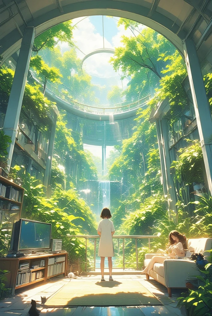 "A young girl with a sense of wonder explores an alien planet with vibrant chrome vegetation. The surreal landscape and flora create a stunning juxtaposition in a space-age paradise.