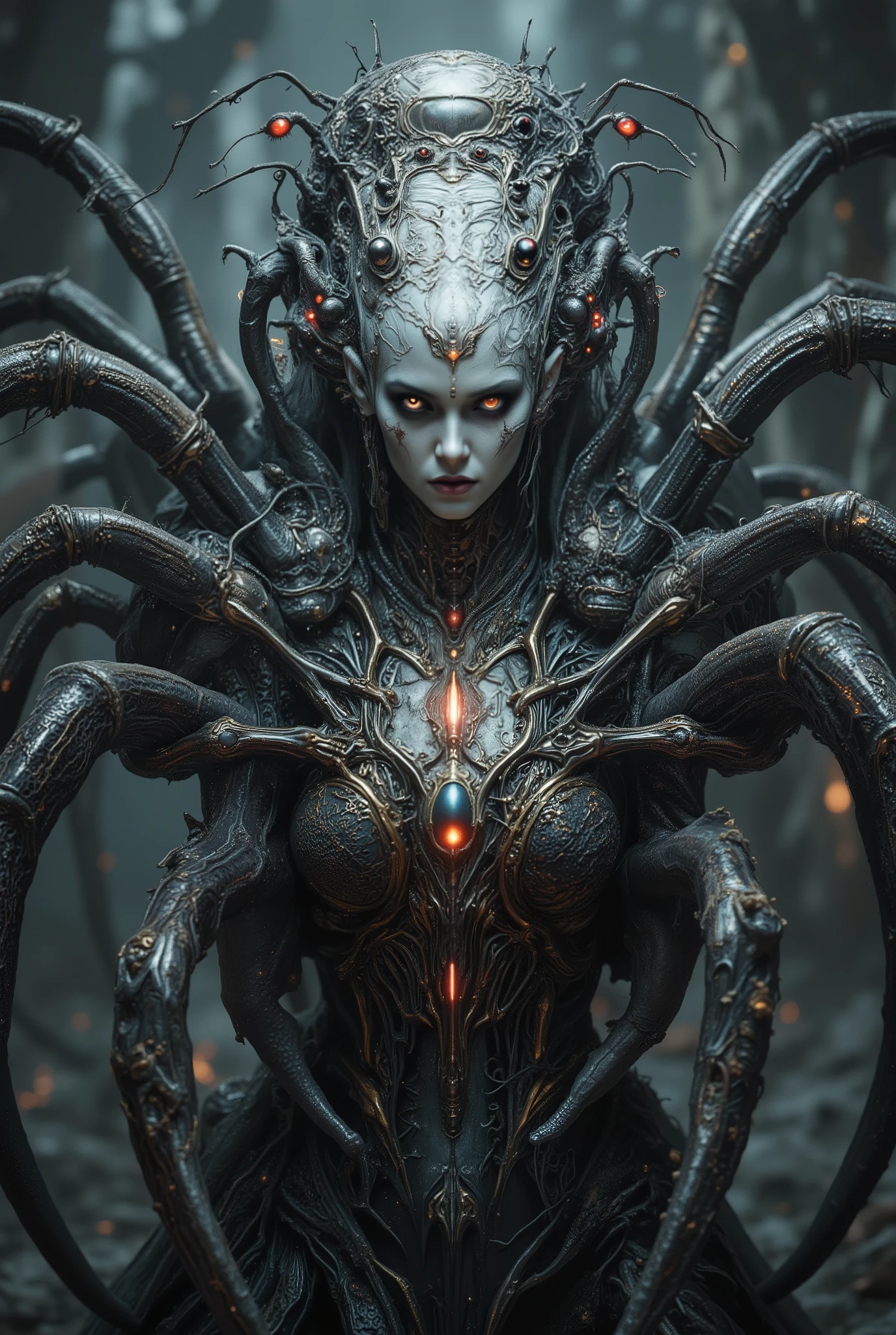 "realistic spider queen, female humanoid upper body fused with monstrous spider legs, dark chitin armor, bioluminescent red eyes, multiple eyes on forehead, pearl white and golden and crimson tones, highly detailed organic textures, sinister expression, fantasy horror setting, dramatic studio lighting, ultra-realistic, 8k, digital art"