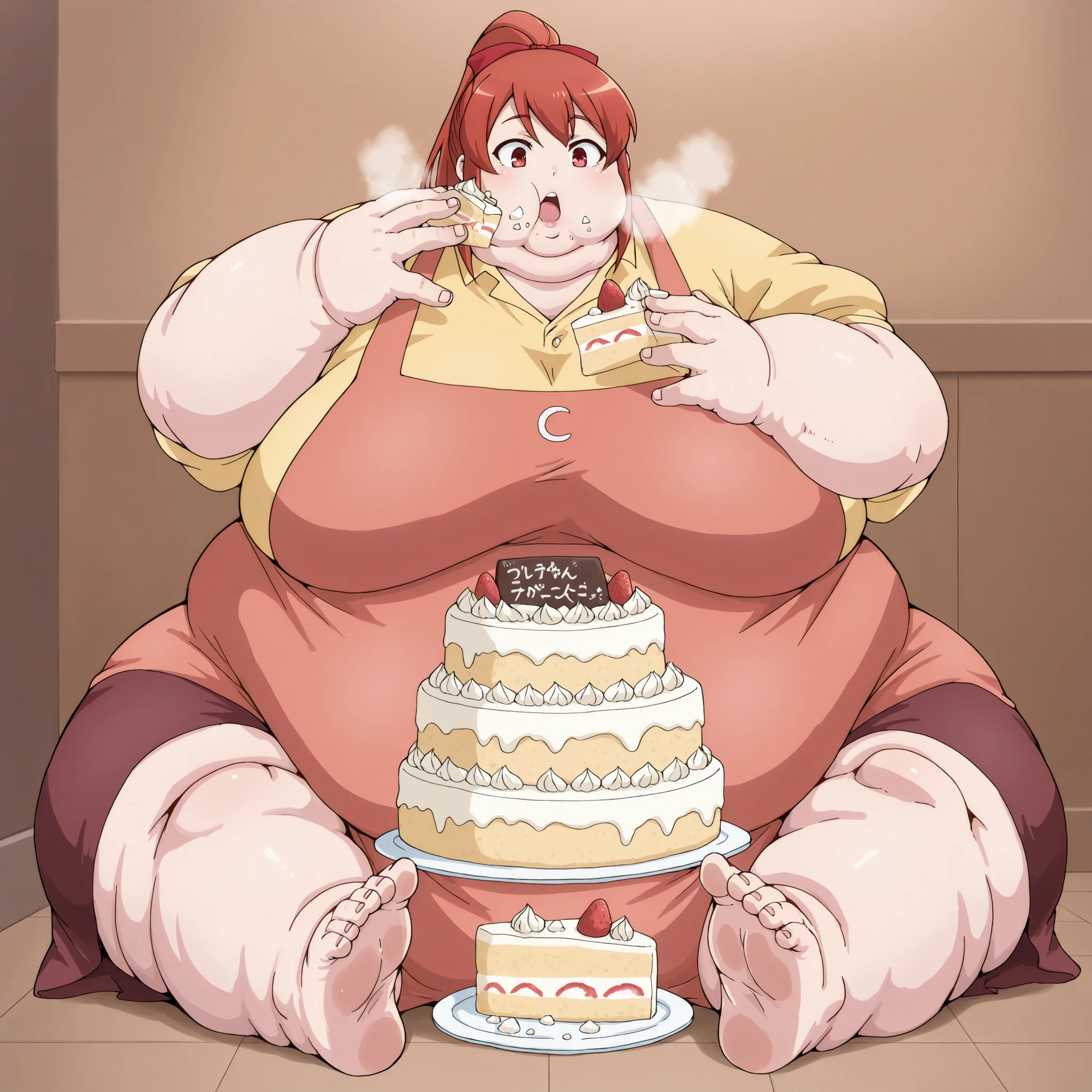 mikaisksmpn, red eyes,
addmicrodetails, fat, chubby, obese, fat neck, multiple chins, big breasts open mouth, out of breath, Larger female, full body shot, only head, large head, oversized limbs, large hands, large feet, oversized feet, oversized fingers, big lips, plump lips, fat face, fupa, big fupa, fat fupa, hunchback, sitting down, eating tons of cake, cake mess, food mess, food stains