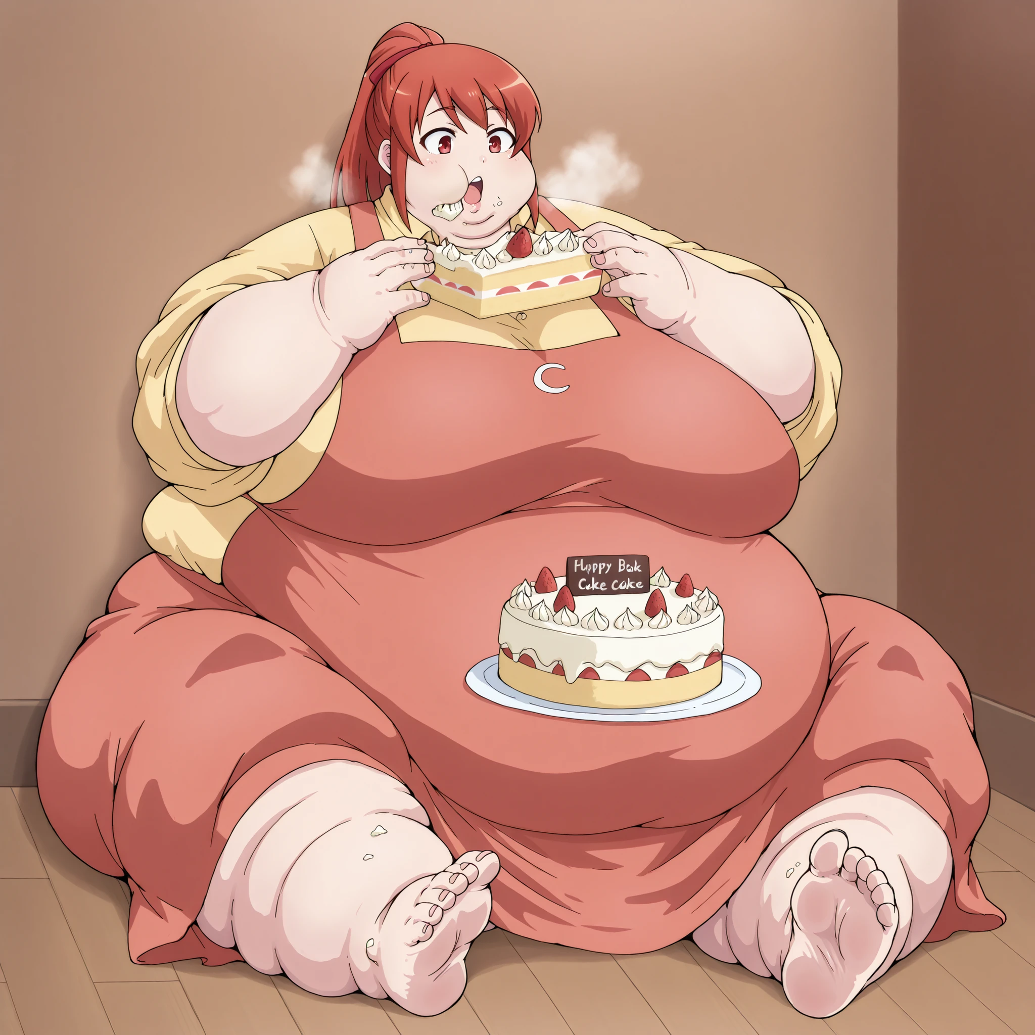 mikaisksmpn, red eyes,
 addmicrodetails, fat, chubby, obese, fat neck, multiple chins, big breasts open mouth, out of breath, Larger female, full body shot, only head, large head, oversized limbs, large hands, large feet, oversized feet, oversized fingers, big lips, plump lips, fat face, fupa, big fupa, fat fupa, hunchback, sitting down, eating tons of cake, cake mess, food mess, food stains 