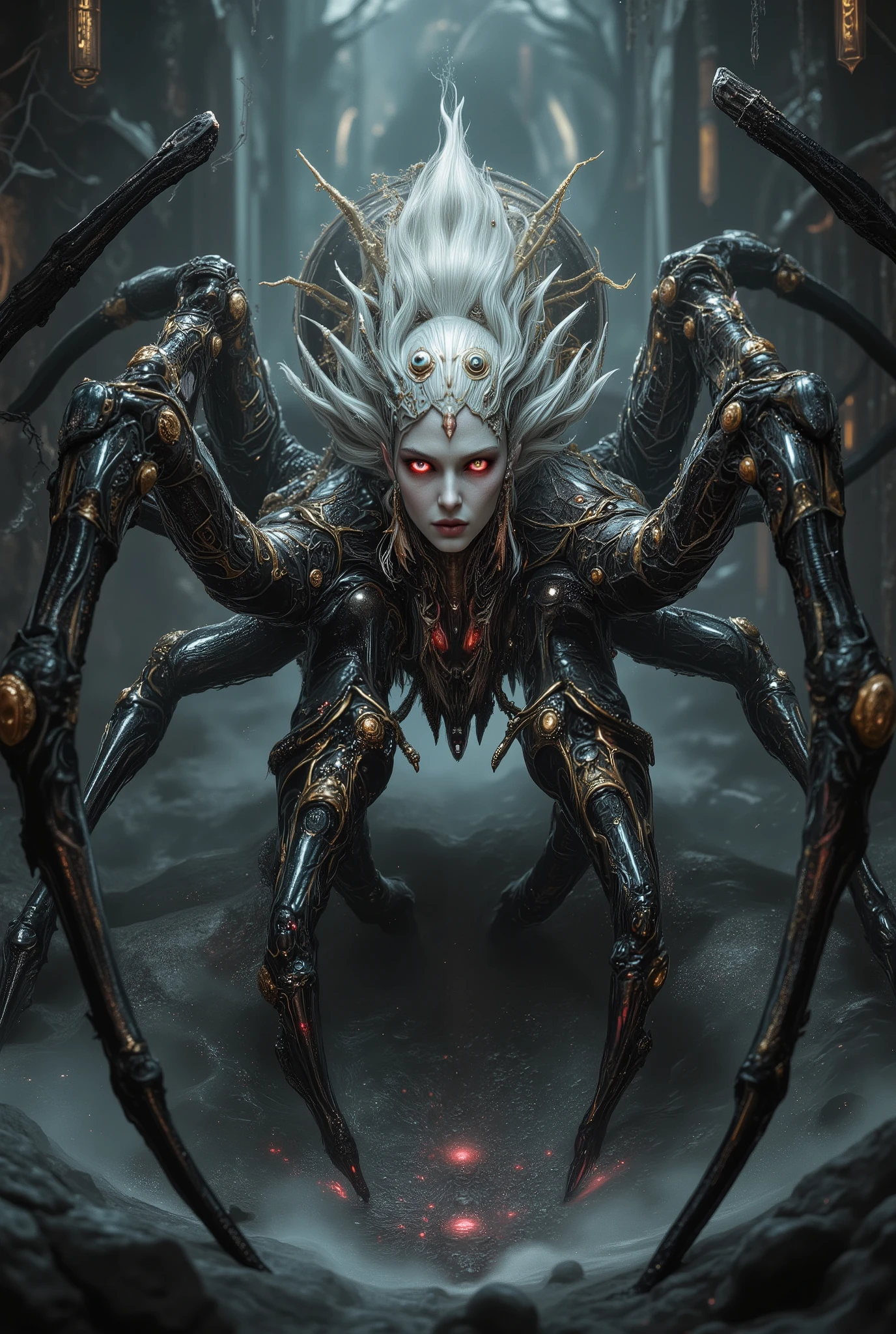"realistic spider queen, female humanoid upper body fused with monstrous spider legs, dark chitin armor, bioluminescent red eyes, multiple eyes on forehead, pearl white and golden and crimson tones, highly detailed organic textures, sinister expression, fantasy horror setting, dramatic studio lighting, ultra-realistic, 8k, digital art"