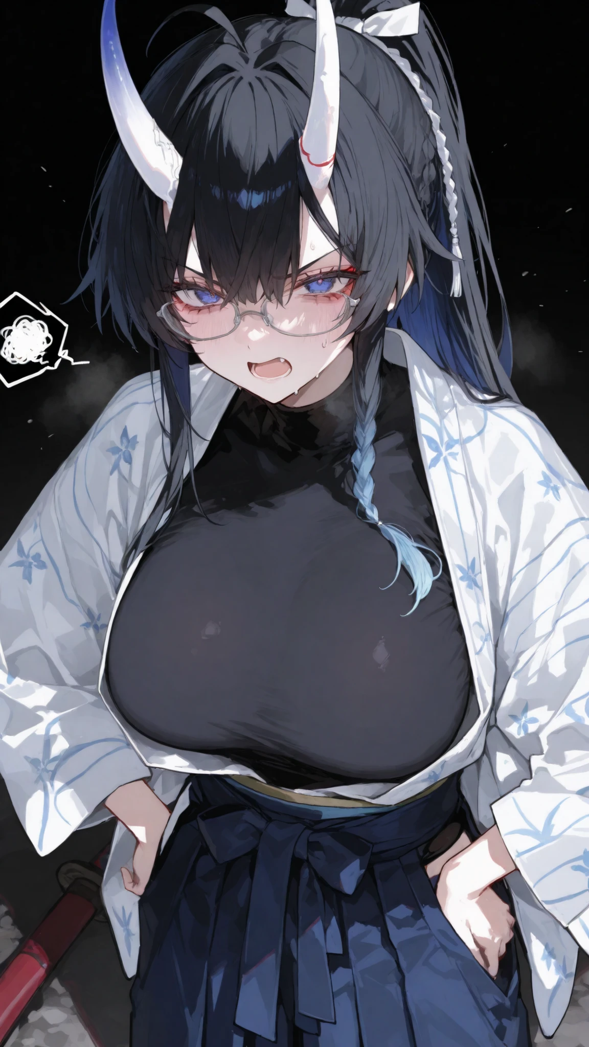 girl,There is an oni horn,glasses,Tomboy,high ponytail, open mouth, black hair, blue eye,kimono,HAKAMA PANTS,kimonoแขนคลุมไหล่,standing,Angry,Long hair,ahoge,, long regent hair,white braid, Two-piece ,Long white horn,Turtleneck Black, Big breasts,