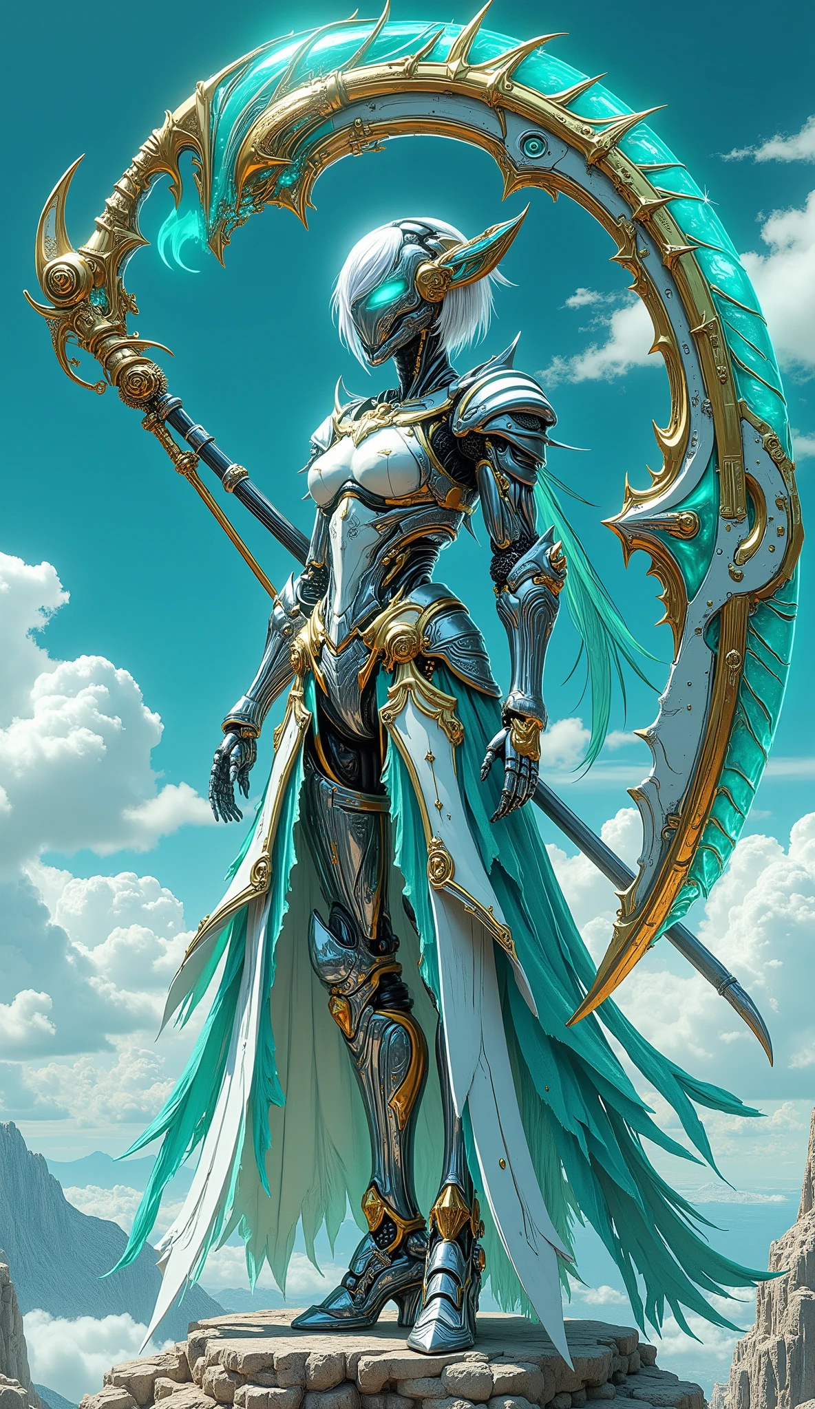 Create an image of a futuristic biomechanical knight in a mix of anime and realistic style. The character stands confidently with one knee raised on a sculpted pedestal, holding a massive double-bladed scythe inspired by ancient weaponry. The scythe’s blades curve dramatically, designed with segmented patterns resembling the articulated structure of insect legs — each segment sharp, metallic, and connected with golden mechanical joints. The weapon gleams with turquoise and gold engravings, blending elegance and danger. The armor combines glossy turquoise metal, white ceramic plates, and ornate golden joints with intricate biomechanical details. Around the waist, a ceremonial robe flares outward in a dramatic wave, its lace-like fabric patterned with ornate perforations. The knight wears high-heeled armored boots trimmed in gold. The helmet features a sleek anime-inspired design with glowing turquoise light lines, partially revealing short white hair. Cinematic lighting under a clear cyan sky emphasizes the reflections, textures, and anime-realism hybrid aesthetic — ultra-detailed, 8K resolution, ratio 9:16.