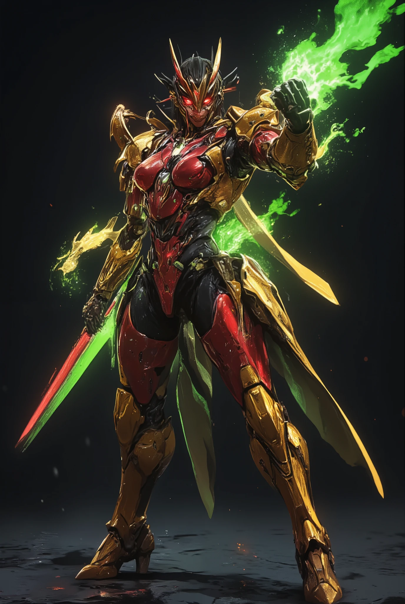 Masterpiece:1.2), best quality, high resolution, Unity 8K Wallpaper, (super real illustration:1.0), Beautiful Details, very detailed on trends, perfect lighting, neon colored, very detailed on trends CG, Shine eyes, backlit, armor, Shine, full_armor, warframe, stunning humanoid_robot lady, tall, (Martial arts fighting pose:1.5), mask ,sample_background, arms, scary monsters, iridescent red and shiny golden and matt black_armor, Audience, alone, perspective, Anatomical accuracy, bold composition, cool fighting pose, Burning Fist, green fire, Exudes an aura