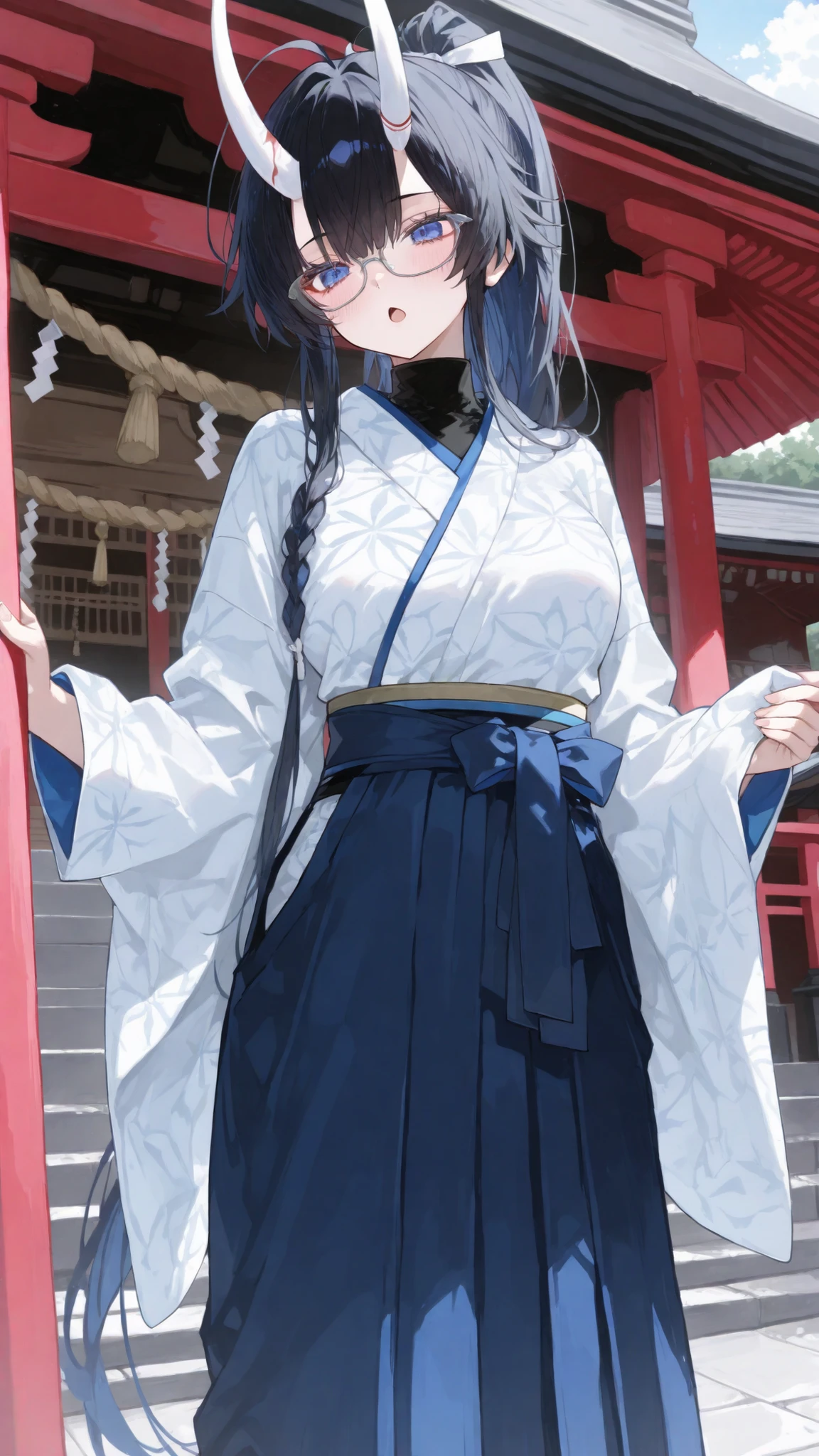 girl,There is an oni horn,glasses,Tomboy,high ponytail, open mouth, black hair, blue eye,kimono,HAKAMA PANTS,kimonoแขนคลุมไหล่,Standing Long Hair,ahoge,side length regent hair,white braid, Two-piece ,Long white horn,Black Turtleneck, Big breasts,Shrine,