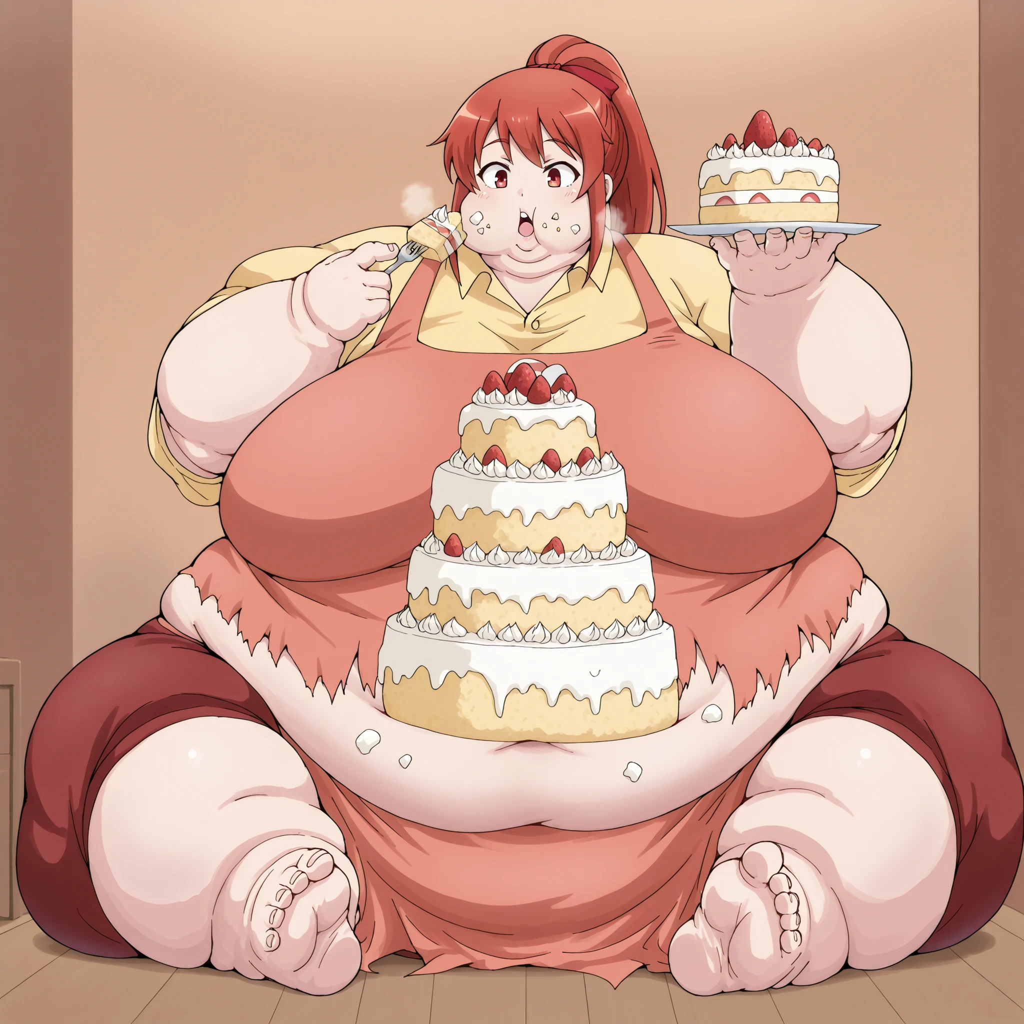 mikaisksmpn, red eyes,
addmicrodetails, fat, chubby, obese, fat neck, multiple chins, big breasts open mouth, out of breath, Larger female, full body shot, only head, large head, oversized limbs, large hands, large feet, oversized feet, oversized fingers, big lips, plump lips, fat face, fupa, big fupa, fat fupa, hunchback, sitting down, eating tons of cake, cake mess, food mess, food stains, ripped clothes, torn clothes, small clothes