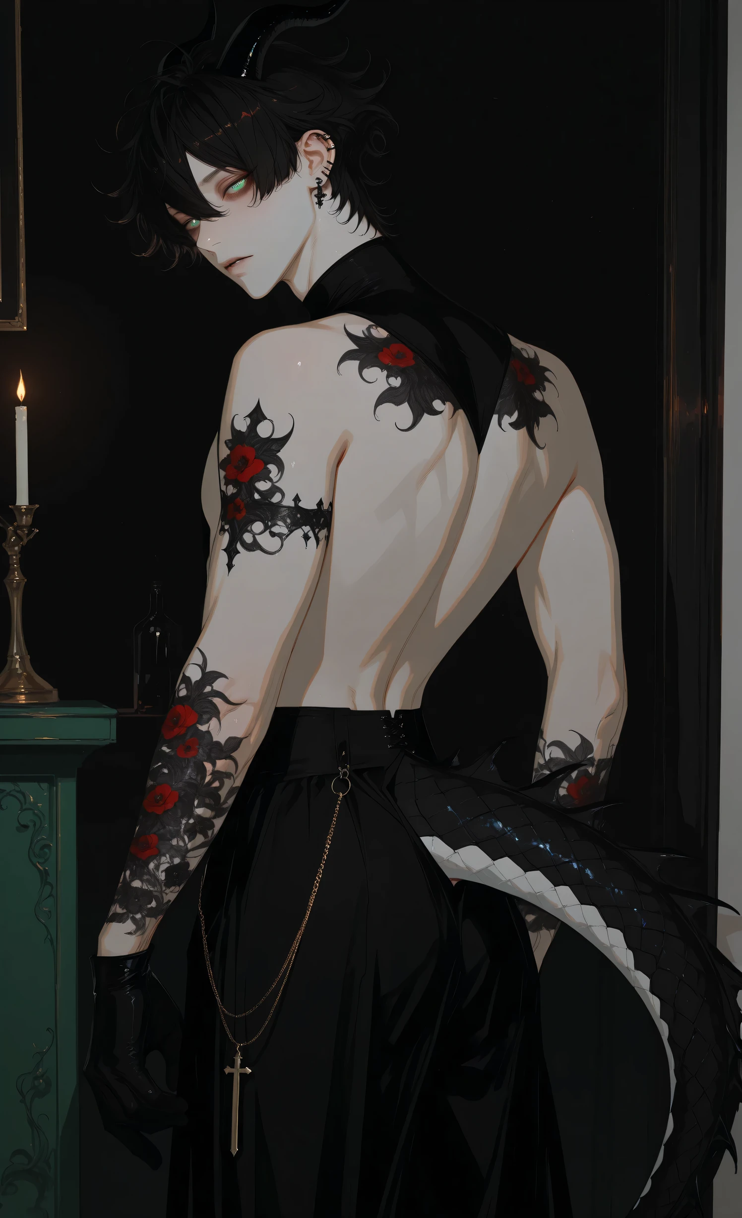 edge_noir_style, 8k, beautiful Perfect Eyes, semi-realism art, semi-realism art style, masterpiece, top quality, amazing quality, exquisite details, very detailed, masterpiece, man, male, masculine, attractive male dragon humanoid, with pale white skin, a very tall, slender and toned body, captivating emerald green eyes, neck-length black hair, beautiful androgynous face, curved dragon horns on head, long powerful dragon tail covered in dark scales emerging from lower back, soft scales on back, shoulders and arms, extremely flexible body, wearing elegant noble attire, majestic draconic aura, divine dragon presence