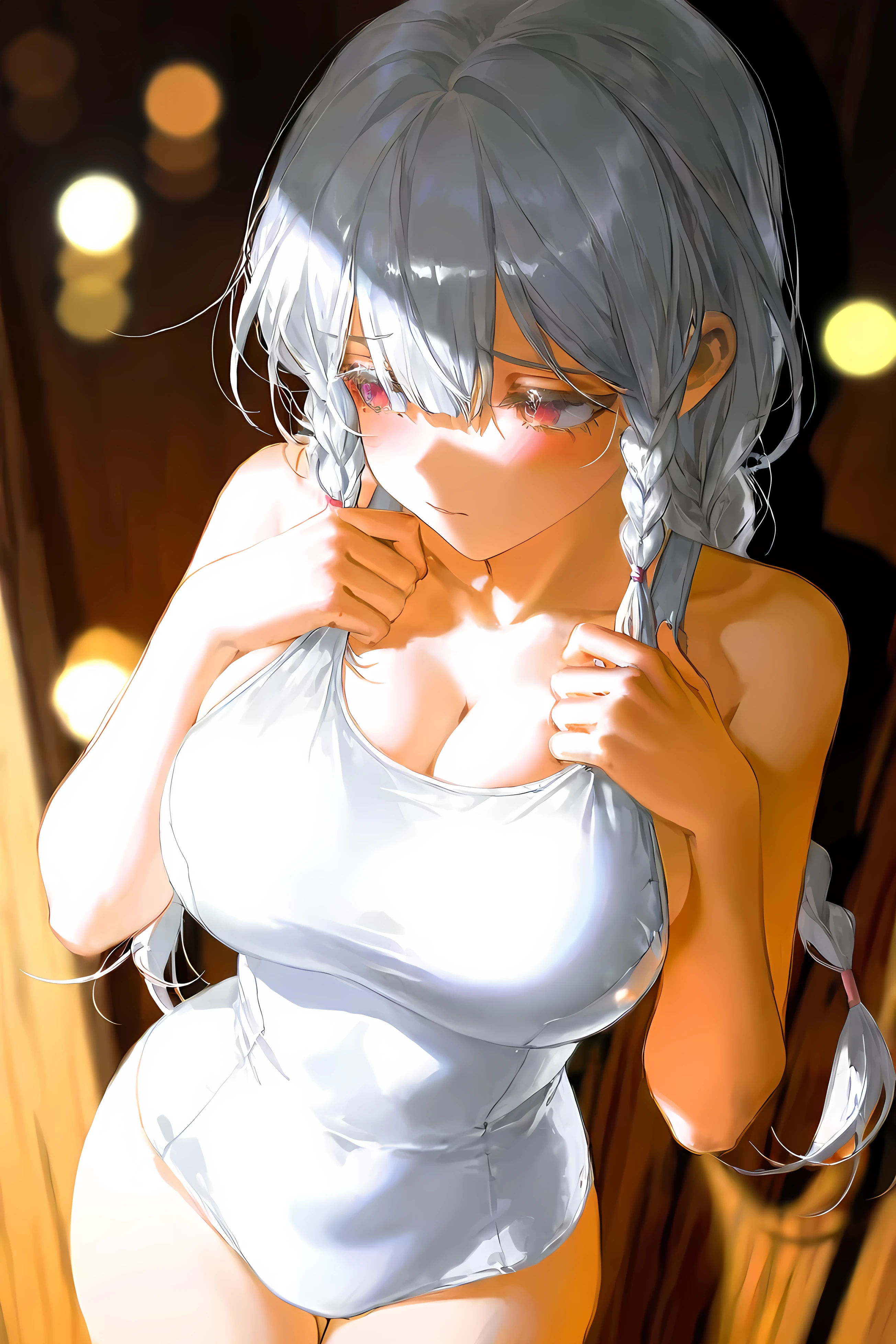 lian:1.3,white hair,(white swimsuit,white Maillot,sukumizu),(long hair,double braid sidelocks),(one women,single,one girl,solo,alone),(shy),(big breasts),highres,absurdres,incredibly absurdres,very awa,RAW quality,raw photos,masterpiece,best quality,best quality,amazing quality,absurdres,in the style of fashion photography,Warm Tone,ray tracing,Vintage/Nostalgic photo,Visual impact,Bokeh background,central focus,Emotionalization,impactful picture,Wooden Board background,depth of field,extreme aesthetic,(yoneyama mai:0.5),line art,(rei \(sanbonzakura\):0.8),(ciloranko:0.7),(artist:quasarcake:0.8),(wlop:0.7),extreme aesthetic,(quasarcake:0.7),Visual impact,ultra-high resolution,32K UHD,unconventional supreme masterpiece,masterful details,reflective,masterful details,intricate details,high contrast,natural skin,official art,shot from above,cowboy shot,looking away,shot from beside