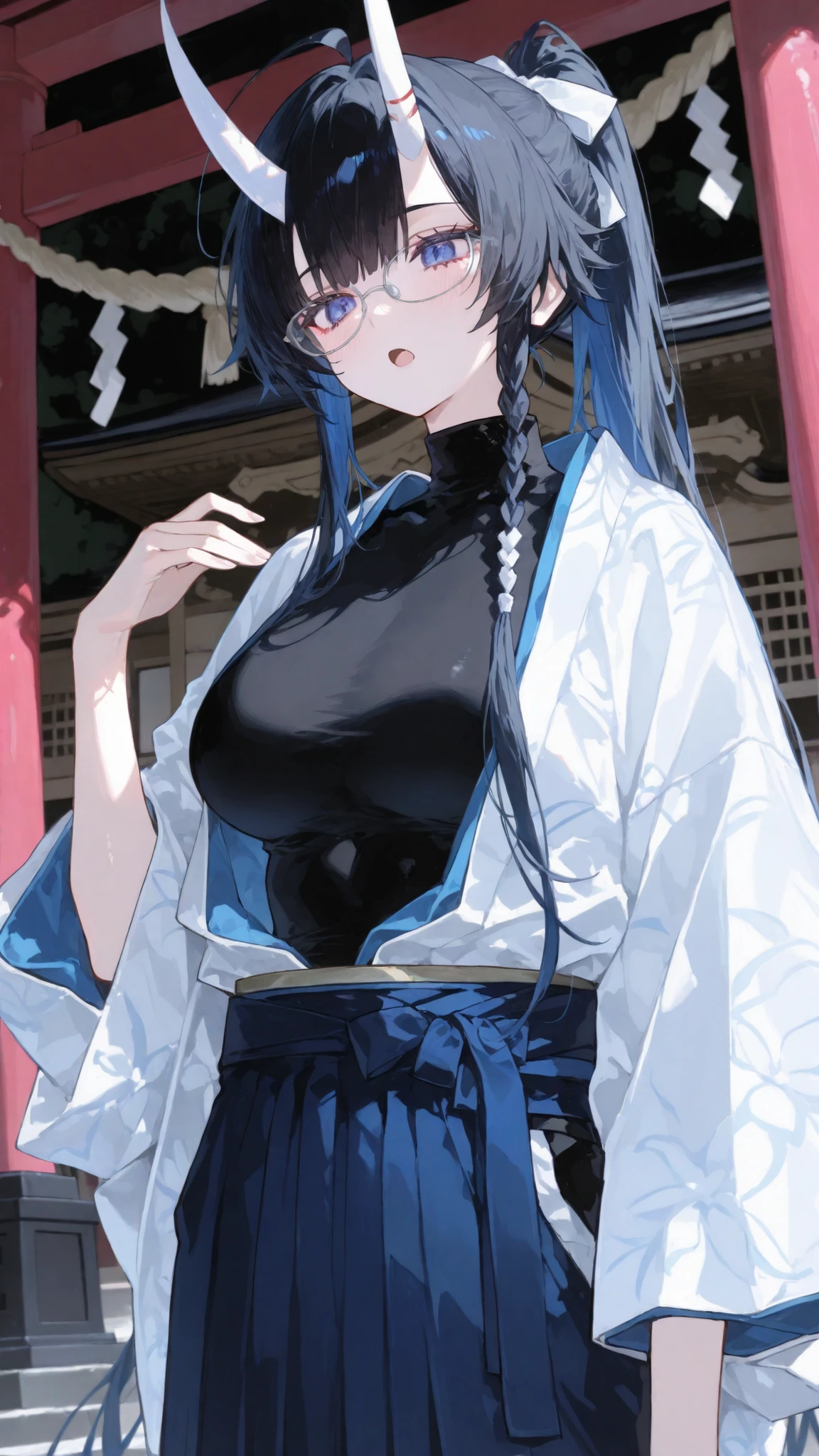 girl,There is an oni horn,glasses,Tomboy,high ponytail, open mouth, black hair, blue eye,kimono,HAKAMA PANTS,kimonoแขนคลุมไหล่,Standing Long Hair,ahoge,, long regent hair,white braid, Two-piece ,Long white horn,Black Turtleneck, Big breasts,Shrine,Upper Body Shape,