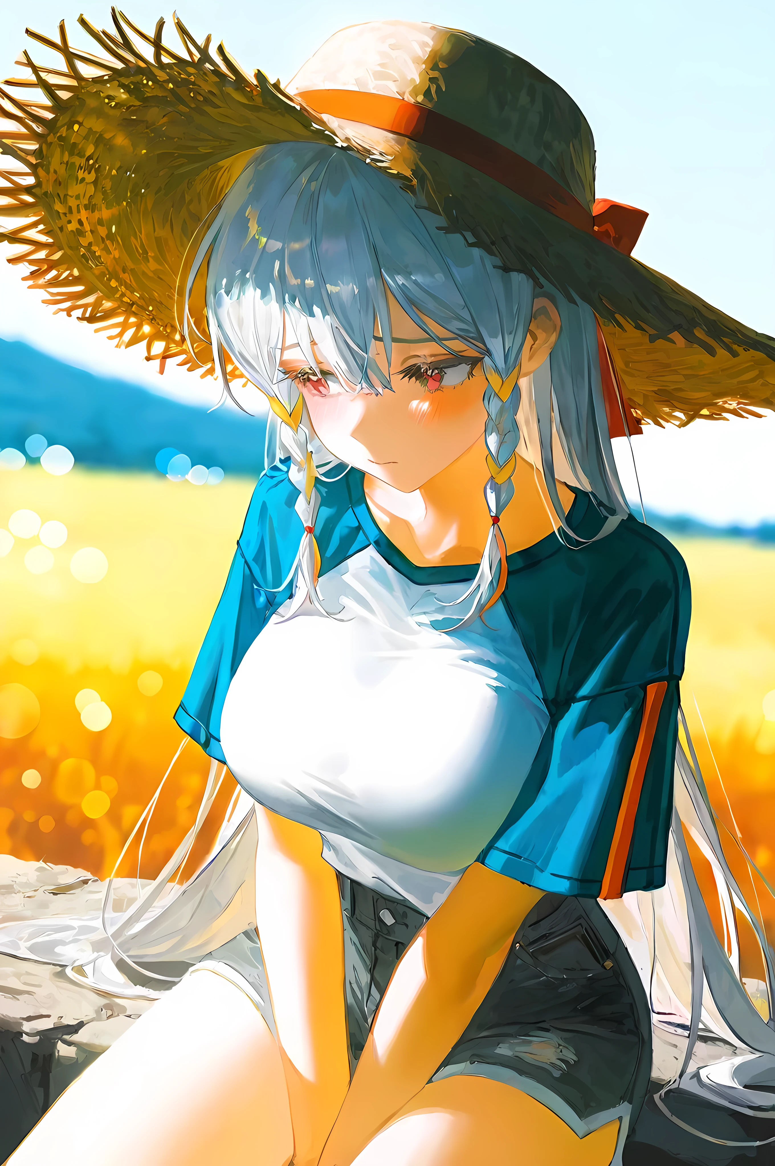 lian:1.3,white hair,(white shirt,yellow strips,straw hat),(long hair,Loose hair,hair down,double_braid sidelocks),(one women,single,one girl,solo,alone),(shy),(big breasts),highres,absurdres,incredibly absurdres,very awa,RAW quality,raw photos,masterpiece,best quality,best quality,amazing quality,absurdres,in the style of fashion photography,Warm Tone,ray tracing,Vintage/Nostalgic photo,Visual impact,Bokeh background,central focus,Emotionalization,impactful picture,GRASSLAND background,autumn theme,depth of field,extreme aesthetic,(yoneyama mai:0.5),line art,(rei \(sanbonzakura\):0.8),(ciloranko:0.7),(artist:quasarcake:0.8),(wlop:0.7),extreme aesthetic,(quasarcake:0.7),Visual impact,ultra-high resolution,32K UHD,unconventional supreme masterpiece,masterful details,reflective,masterful details,intricate details,high contrast,natural skin,official art,shot from above,cowboy shot,looking away,shot from beside,sitting on ground,holding legs