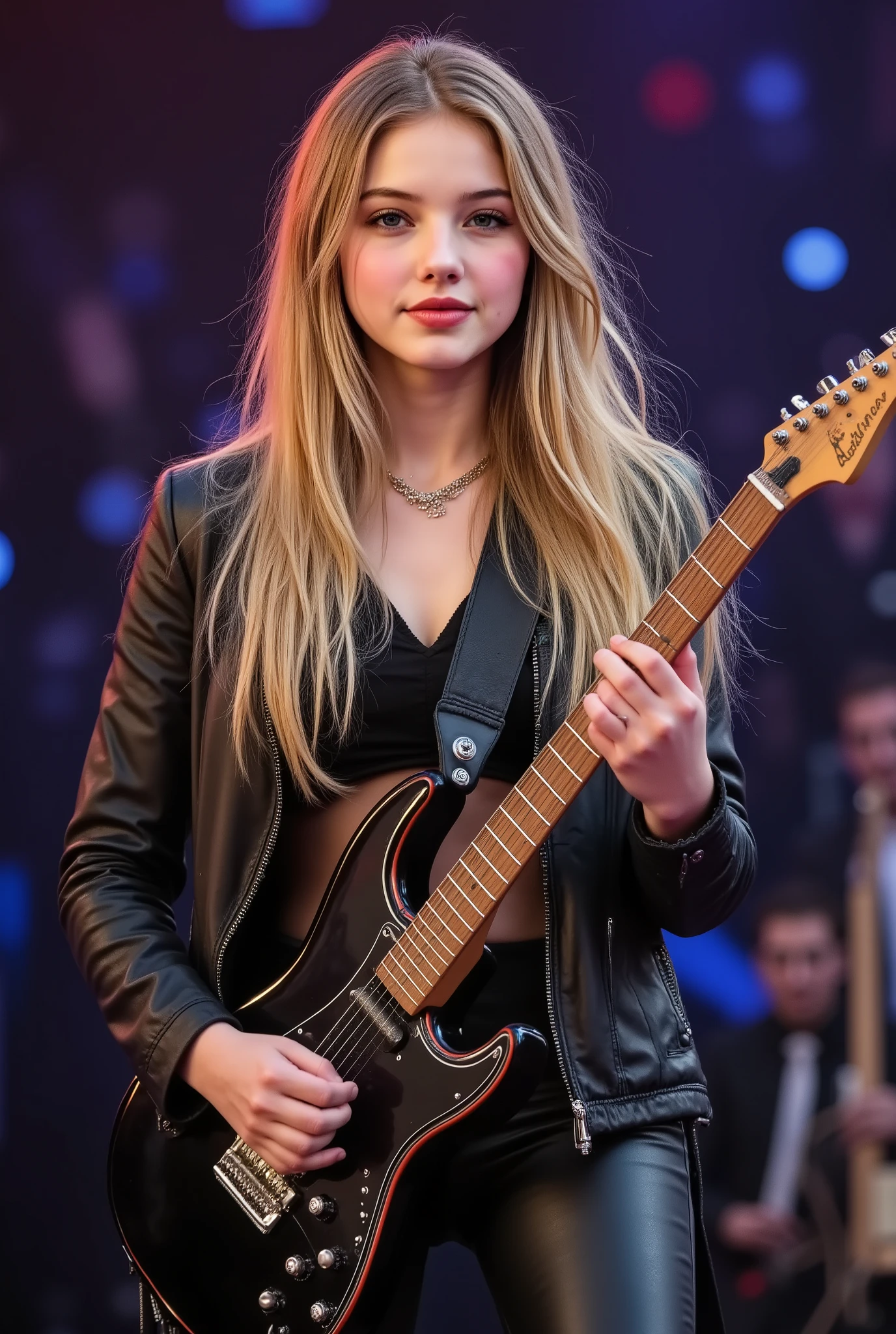 Very pretty teenage girl with blond hair as a rock singer, plays the guitar very cool on a very big and super epic stage, super cool rocker costume, 