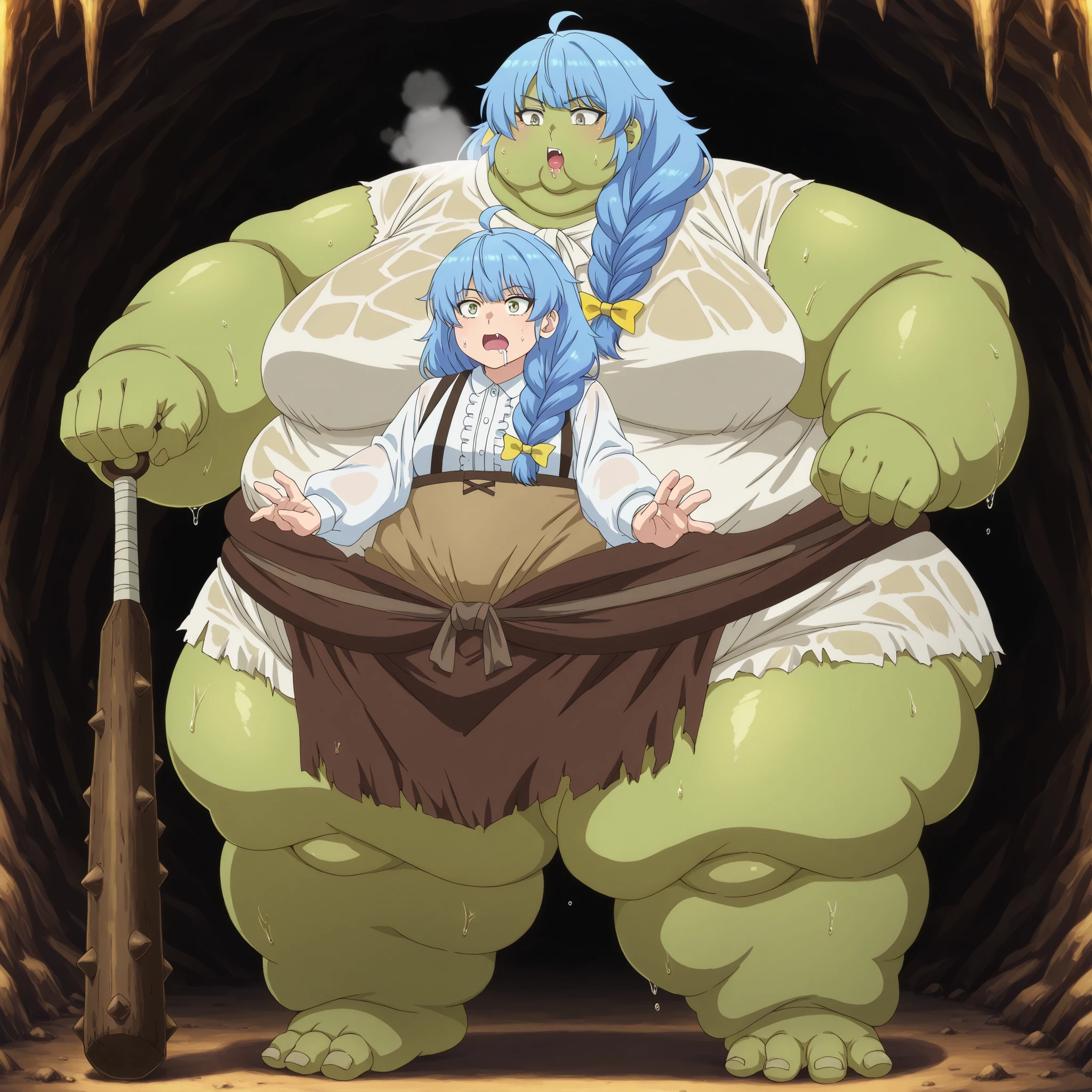 aparida rain, long hair, bangs, green eyes, blue hair, yellow eyes, braid, ahoge, hair bow, grey eyes, single braid, yellow bow, braided ponytail, mature female, small breasts, anime screencap, Becoming a orc, monster, Orc, Female Orc, green skin, tusks, Orc, fangs, 1girl, fabric clothes, loincloth, blank_stare, empty_stare, fat, chubby, obese, gigantic arms and legs, large breasts, sweating, wet body, swollen face, Fat_neck , Fat head , eyes with crushed cheeks , nose with crushed cheeks , mouth with crushed cheeks , chin roll, only head, large head, oversized limbs, large hands, large feet, oversized feet, oversized fingers, big lips, plump lips, fat face, fupa, big fupa, fat fupa, in a cave, open mouth, drooling, pubic hair, hairy, holding a club, holding a weapon, fat, chubby, obese, fat neck, multiple chins, big breasts open mouth, out of breath, Larger female, full body shot, only head, large head, oversized limbs, large hands, large feet, oversized feet, oversized fingers, big lips, plump lips, fat face, fupa, big fupa, fat fupa, hunchback,
