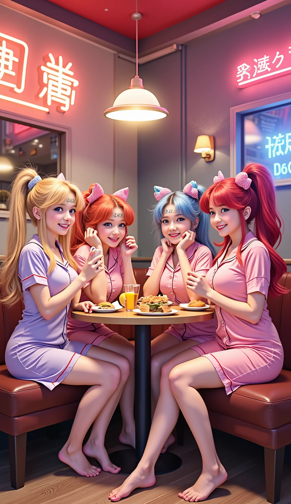 highdefinition images, realistic of potrait from dslr HD、4 people from Sailor Moon are having a pajama party、4 people are having a party at a hamburger shop