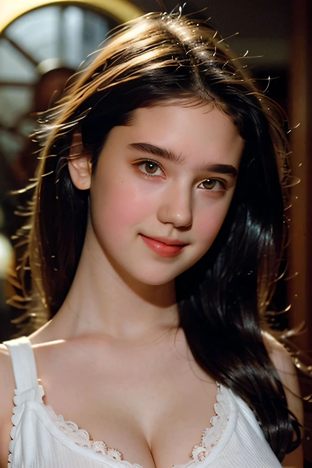 Close-up photo of a 20 year old beautiful girl's face, Blame, Close-up photo of the face of a beautiful 15-year-old girl with a white halterneck、plump bust and cleavage, Sensual neck and chest、Soft light falls on her face, Very Beautiful Girl, face showcases delicate and refined features, (Adorable plump round cheeks:1.5), no makeu, colorful tank top, delicate and sophisticated facial features, soft light shines on a girl's face,adorable smile, HDR, UHD, Realistic, Professional, bright colors, bokeh, Lighted Studio