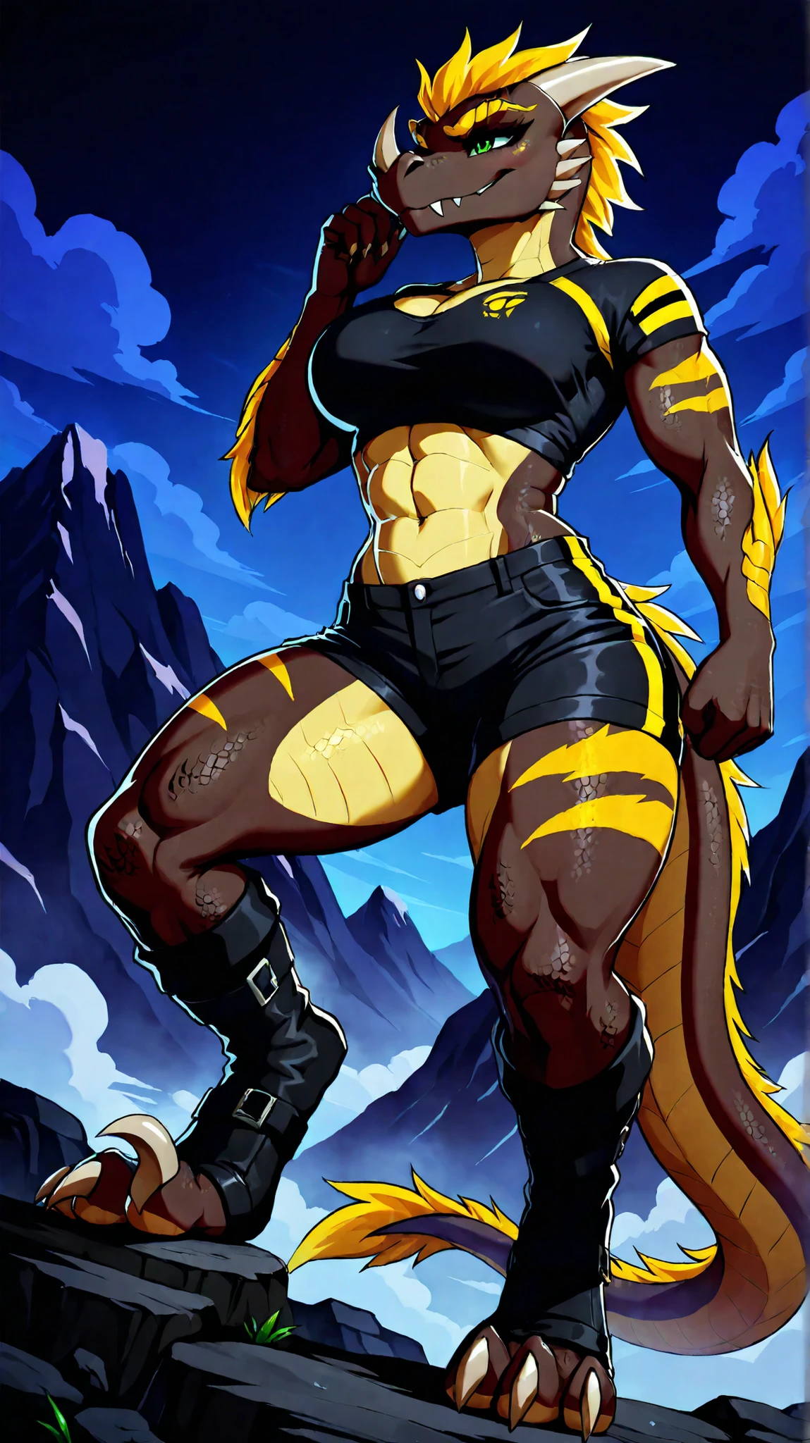 (solo:5.5), (1girl), (alone), best quality, anime style, anime shading, 4k, 8k, ultra highres, masterpiece, large digital painting, sharp focus, full body picture, (curvy body), healthy weight, (tall frame), (modest breasts), kabg0th, (raptor), (female raptor), anthro, (anthro raptor), (dragon head), (smooth dragon horns), (digitigrade legs), (small horn on nose), (dragon horns), green eyes, extremely detailed eyes, perfect eyes, (dark brown scales on entire body:1.3), (yellow stripes on thighs and forearms), (large overlapping scales on top of head), light claws, (wearing a dark crop top), (wearing loose dark shorts), (toeless boots), (standing on a mountain path), (at night), (dark background), small smile, 