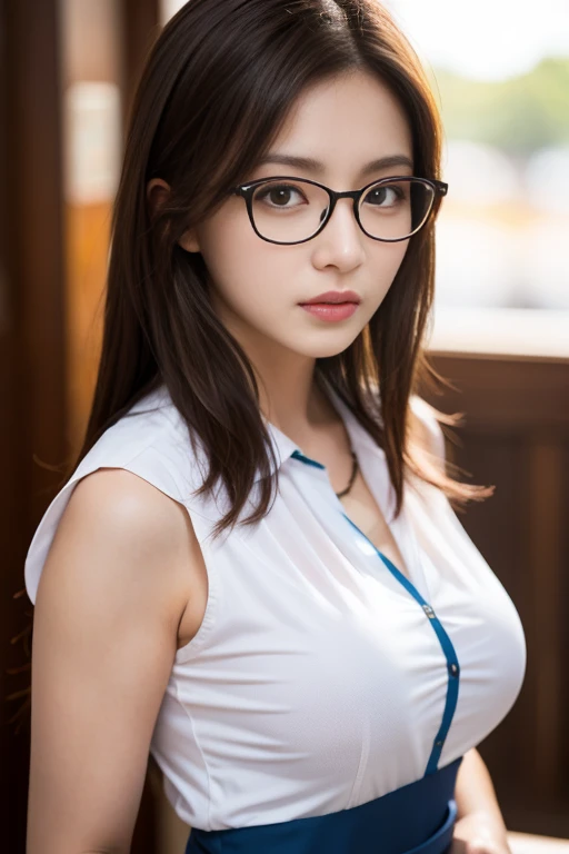 16-year-old woman, Pick and dye your hair, Colorful hair, Beautiful hairstyle, clear thin frame glasses, thinking face, ssmile （Wear button-down shirts, Large breasts）, sitting down, Learn, intermittently, lying on the table, get a pencil, opened book, glass of milk, table light, intermittently, in library, wall decorate, Mini library, glass window, wall clock, intermittently, 电影灯光, realistically, tmasterpiece, Best quality, Complex CG, The face is very detailed, High detail eyes, There is milky white liquid flowing on the surface of the chest skin