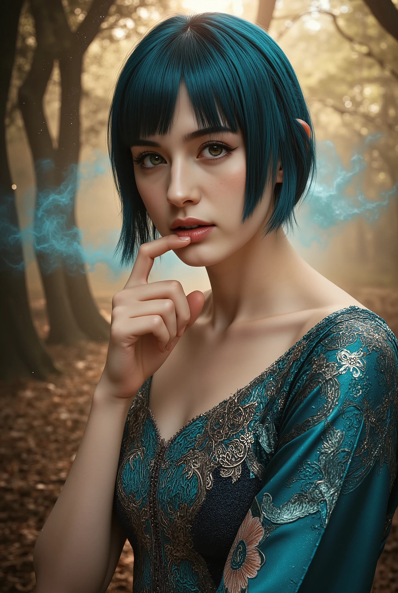 masterpiece,Highest Quality,very detailed,,1girl, She's Biting Her finger, Seraphina_tailor,short cian hair,Sharp Cheekbones ,Tan skin ,big boobs,detailed facial features,realistic skin texture,Classy expression ,Confident Postures,mystical background,Fantasy Forest Environments ,Shining Magical Aura,warm lighting,Digital Painting,4K,8k,high resolution,PHOTOREALISTIC,Physically Based Rendering,Brilliant Colors,Dramatic Lighting