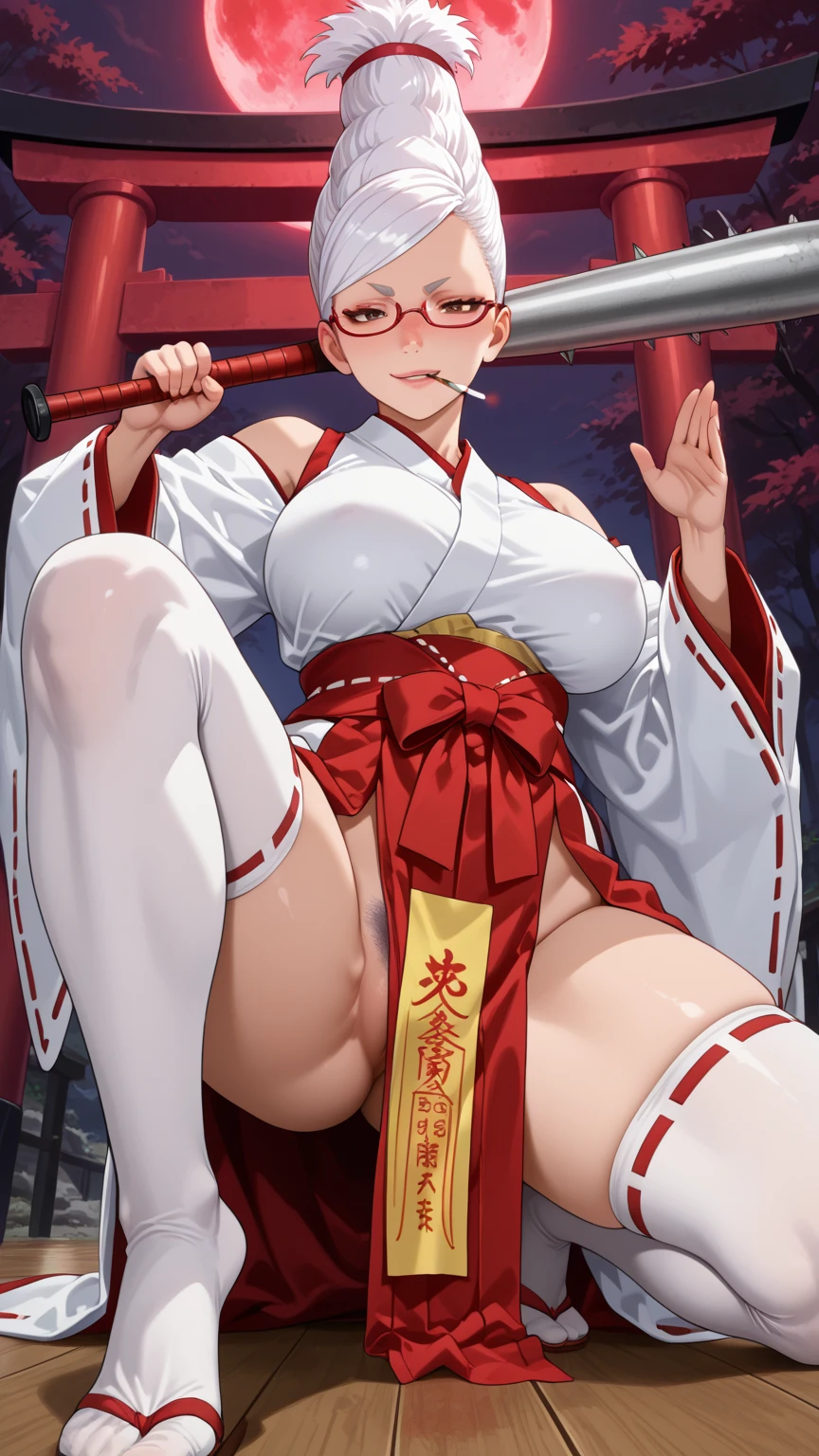 score_9, score_8_up, score_7_up, score_6_up, score_5_up, score_4_up, (source_anime), Delicate beautiful girl, spread legs, tactile hair, black hair, glasses, shrine, big breasts, Female ninja, brainwashed, hollow eyes, sweaty, cum in pussy(((NSFW)))((question mark))((lower body))