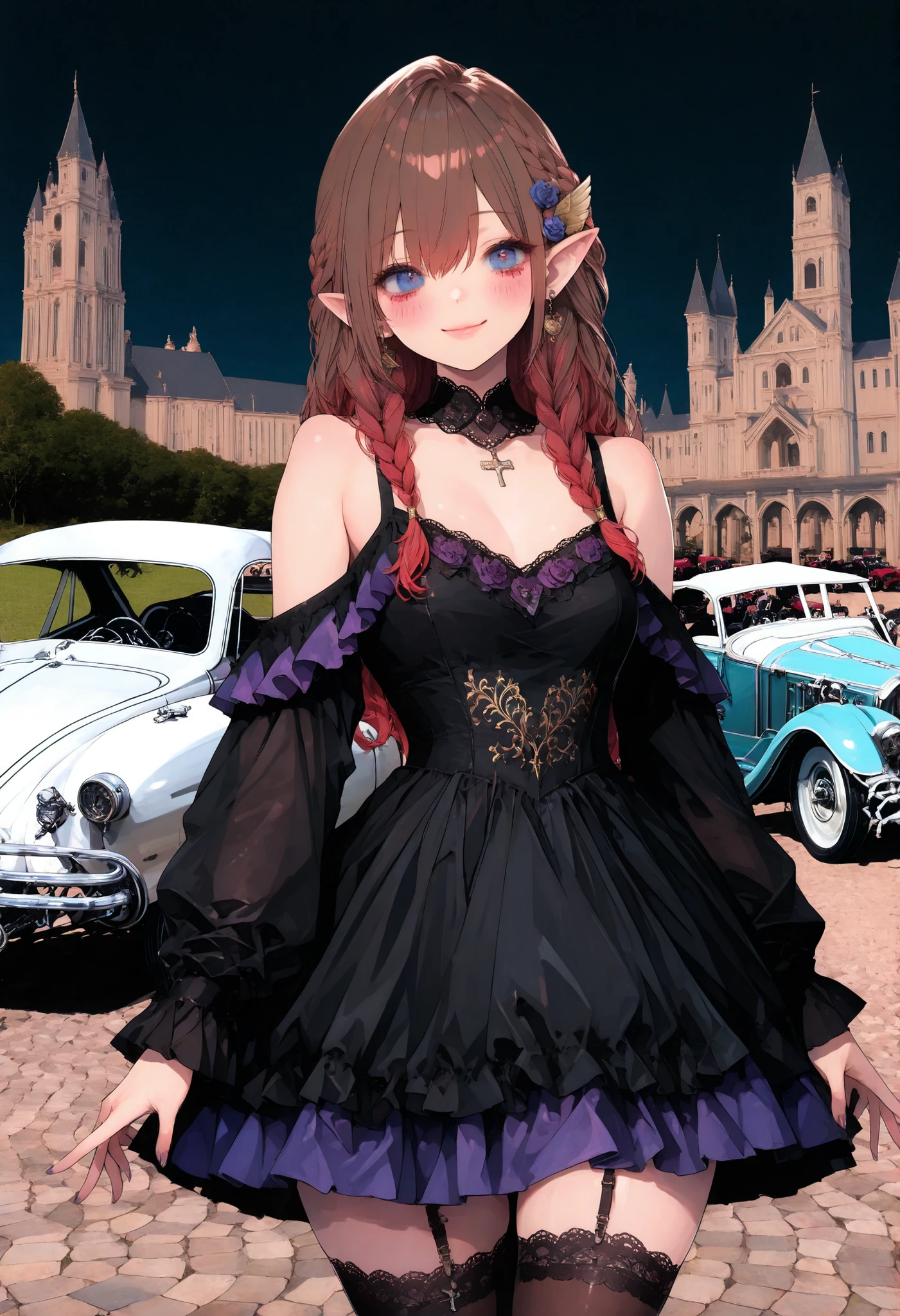 brown hair,shortcuts,unkempt hair,Short braided hair,Neat,スレンダー美people,correct attitude,small breasted,beautiful legs,The enchanting gray-blue eyes are shining like stars,Saggy Eyes,bright color,beautiful eyes,A delicate smile,cowboy shot、gothic parade、(((classic cars)))、gothic girl、((背後に黒いpeople々The march of))、((people々silhouette with 2 heads))、Tokyo Cinderella Castle, people々Passes by,heavy and glamorous atmosphere、gorgeous float、A horse-drawn carriage drawn by a jet black horse、masquerade costumes、Elegant decoration、frills、race、gold embroidery、crimson and purple velvet、fiery torches、Night City、Cobblestone、majestic architecture、Contrast of Shadow and Light、Mysterious、fantastic、dramatic、High Fine、meteor、空から降り注ぐmeteor、無数のmeteor群、Textured Skin,best quality,gentle and beautiful woman,anime style、high quality lighting、add a bit of cyberpunk vibe、emphasis on detail、8K、masterpiece、Art Station、cinematic、volumetric lighting、cinematic vibe、Decadent Beauty、deep composition、