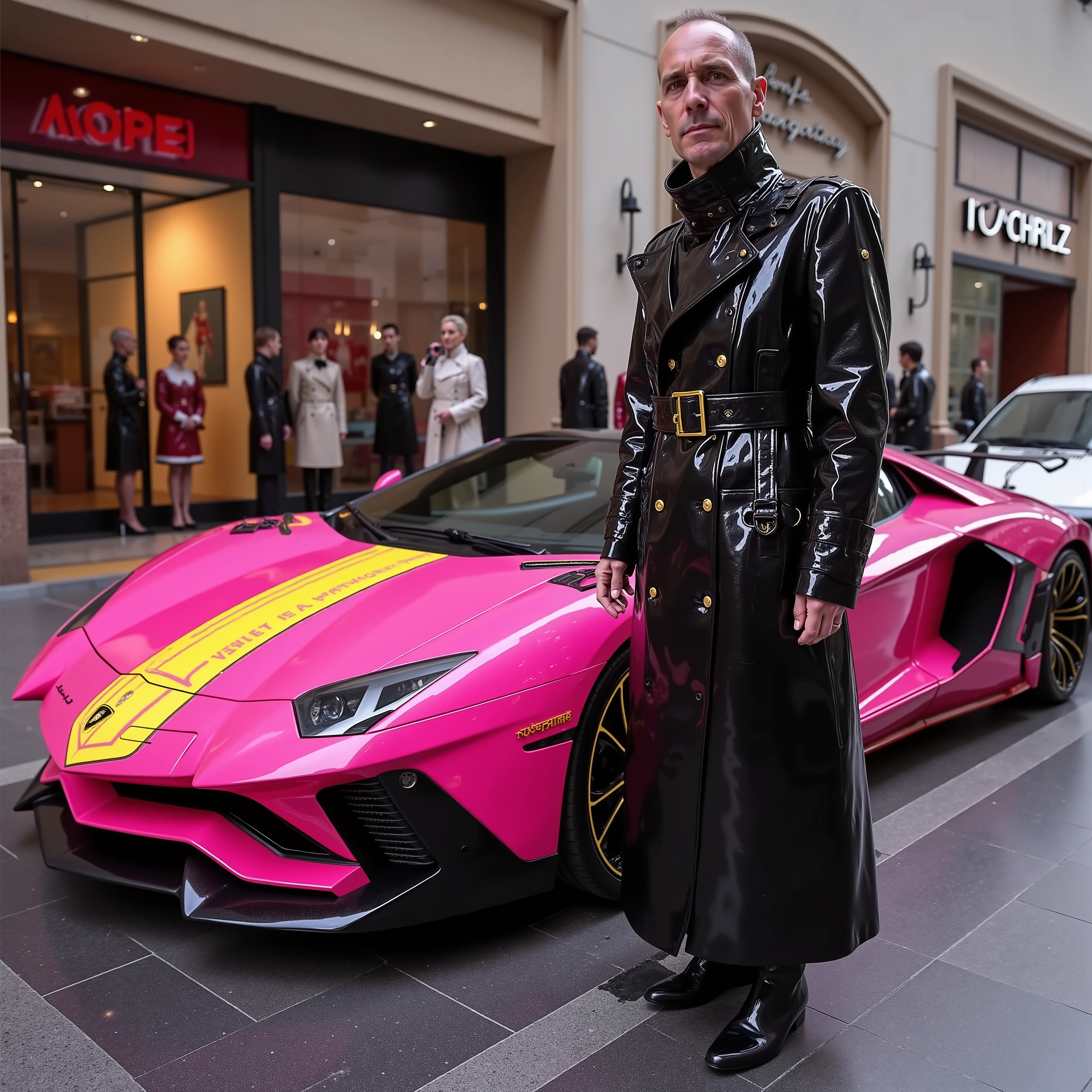 A 58 year old man wearing a highly polished GothTrench trenchcoat that is black with yellow belts, he stands next to a pink and yellow pearlescent neon lamborghini sports cars vehicle, the vehicle is parked outside of a mall