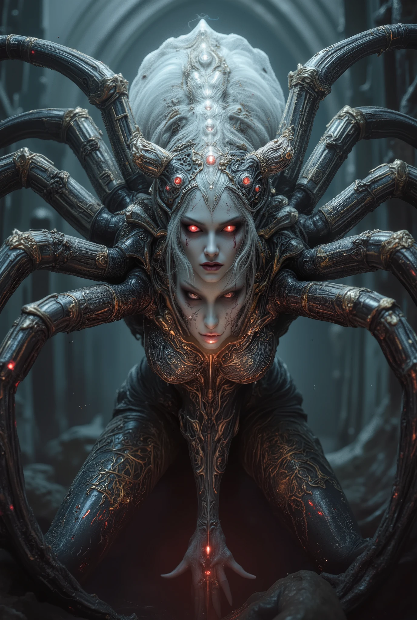 "realistic spider queen, female humanoid upper body fused with monstrous spider legs, dark chitin armor, bioluminescent red eyes, multiple eyes on forehead, pearl white and golden and crimson tones, highly detailed organic textures, sinister expression, fantasy horror setting, dramatic studio lighting, ultra-realistic, 8k, digital art"