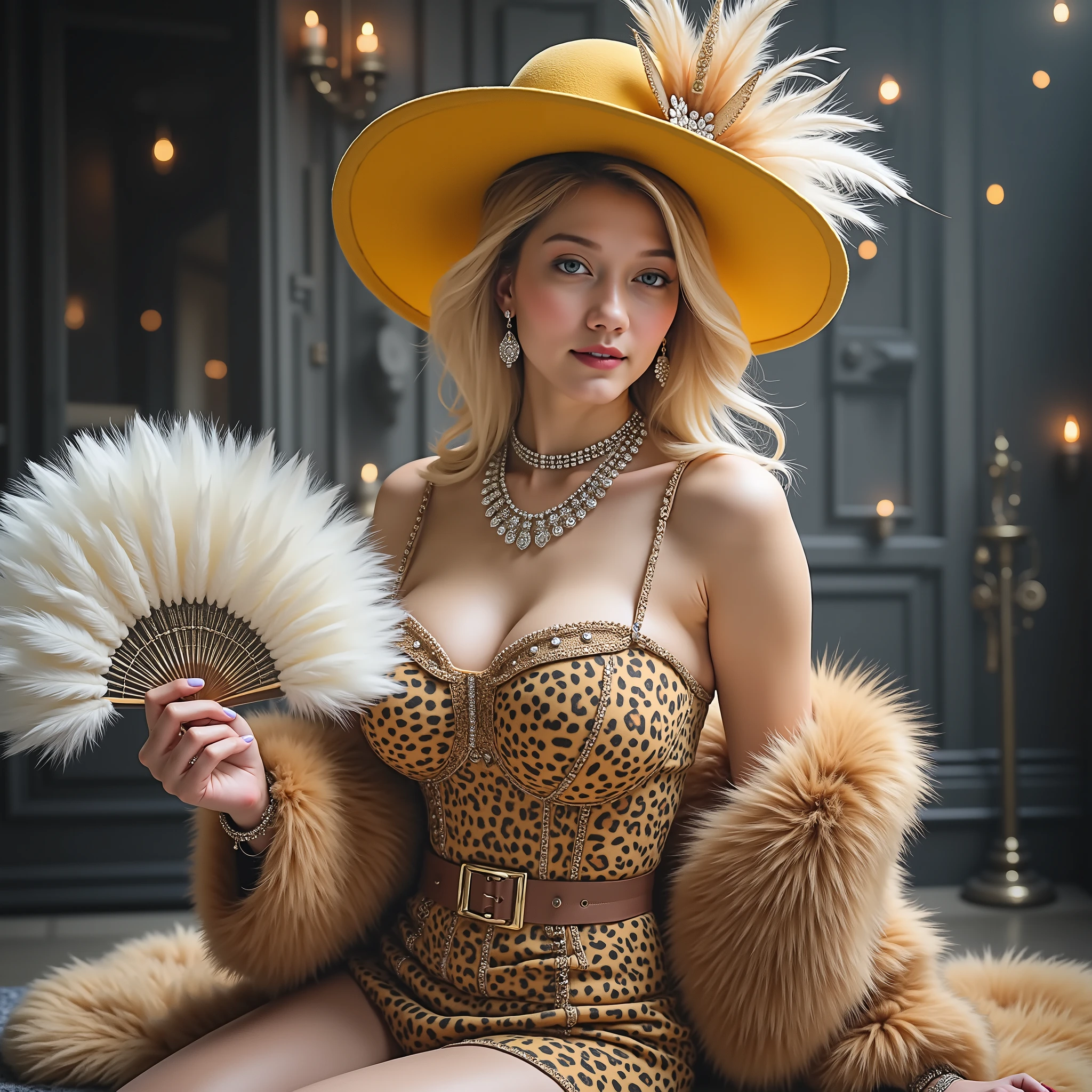 ((premium)), ((masterpiece)), (details) waist-length blonde hair、 black eyes、Gothic Fantasy  、smile、delicate body、Asahi, big , diamond earrings, Female in her 20s, shiny hair, European dress   ,  long hair,  yellow dress , gradient hair, leopard fur shawl、dark eyes, yellow hat with yellow feathers, Youngae, white feather fan, diamond necklace