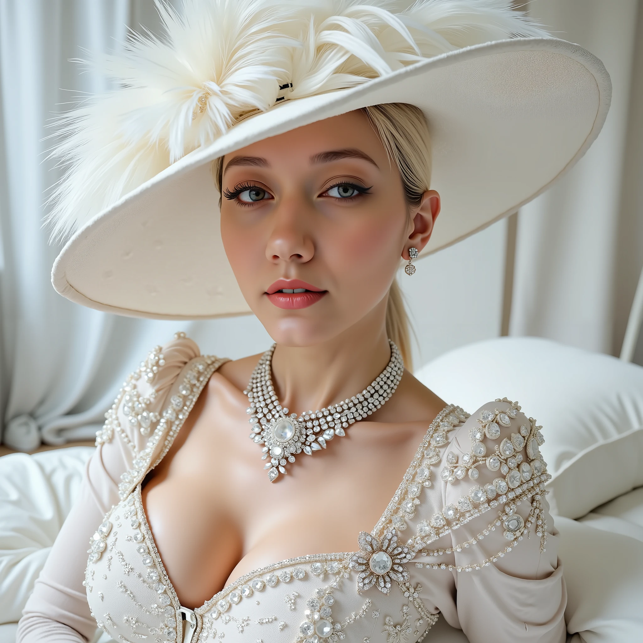 8K, Masterpiece, high quality, Closeup, woman with straight platinum blonde hair, light blue eyes, looking slightly out of camera, wearing a large wide-brimmed white hat with feathers and a cluster of crystal jewelry, elaborate crystal necklace and pendant earrings, top with shiny white crystal applications/dress, defined cat eye makeup, Coral lipstick , glamorous and opulent haute couture, soft polished studio lighting, blurry soft-focus background.