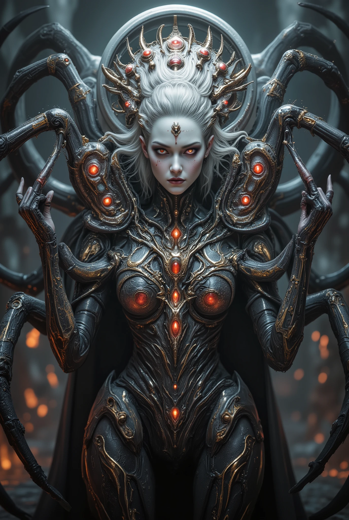"realistic spider queen, female humanoid upper body fused with monstrous spider legs, dark chitin armor, bioluminescent red eyes, multiple eyes on forehead, pearl white and golden and crimson tones, highly detailed organic textures, sinister expression, fantasy horror setting, dramatic studio lighting, ultra-realistic, 8k, digital art"