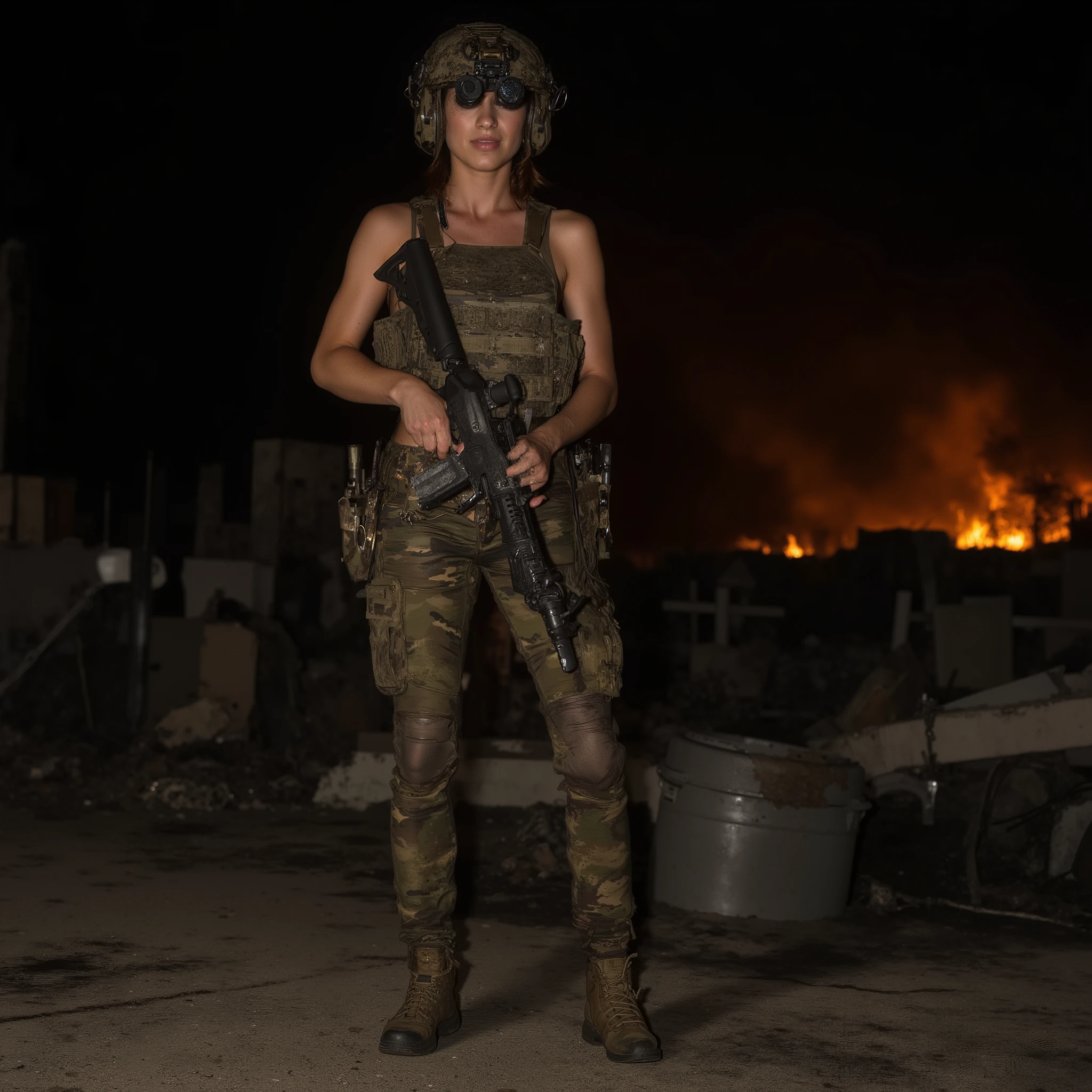 a beautiful woman, gorgeous, hourglass shaped body, wearing a tactical multicam plate carrier and skin tight sexy tactical leggings, leggings and plate carrier and gear is tattered and torn realistically after heavy combat use, 8k, hyper detailed, photorealistic, masterpiece, intricate details, natural lighting, soft shadows, dark at night, gloomy night time, absolutely no sun, it’s midnight, smooth skin texture, delicate facial features, worried but grateful expression. Short hair, bob cut, straight. She is standing a semi sexy pose on the rooftop of a structure, background is a destroyed and burning American city. She is holding a silenced m4a1 with both hands in the low-ready pose. She is wearing on head n0ds dual-tube panoramic optical device two cylindrical lenses attached to the front of the helmet with integrated hearing protection, n0ds down in front of her eyes obscuring her vision