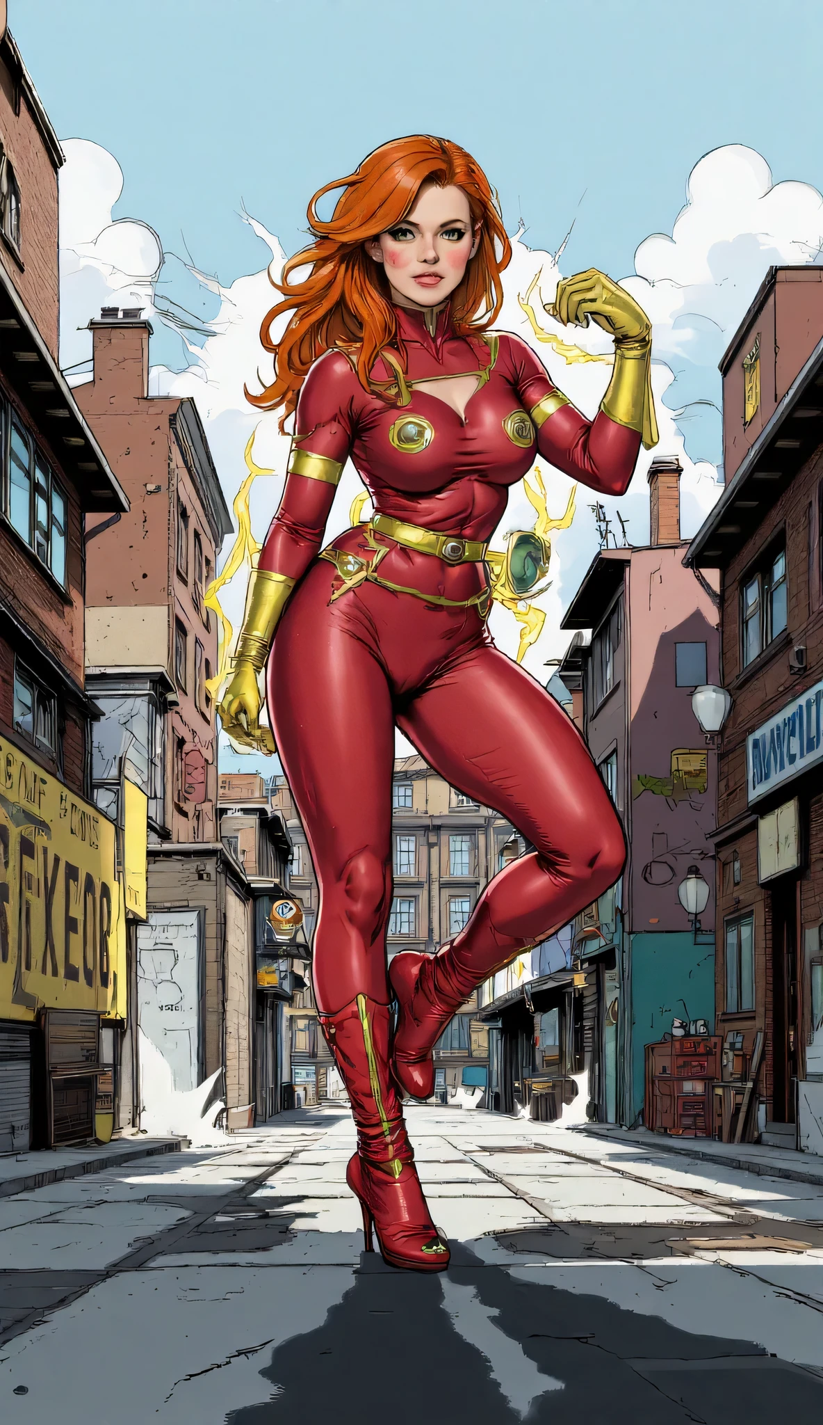 red-haired beauty, Russian comic book character named "Fanfuria", alcoholic busboy, turns into a super-fast, the motto of life "One leg here, the other one over there", easy virtue girl, is an easy reminder of the Tekken, Super heroine costume, Russian ghetto style, high quality,  comic style , grotesque character, high quality, high detail, full length,