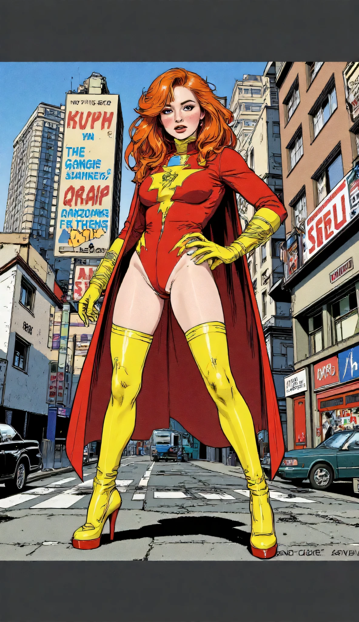 red-haired beauty, Russian comic book character named "Fanfuria", alcoholic busboy, turns into a super-fast, the motto of life "One leg here, the other one over there", easy virtue girl, is an easy reminder of the Tekken, Super heroine costume, Russian ghetto style, high quality, comic style , grotesque character, high quality, high detail, full length,