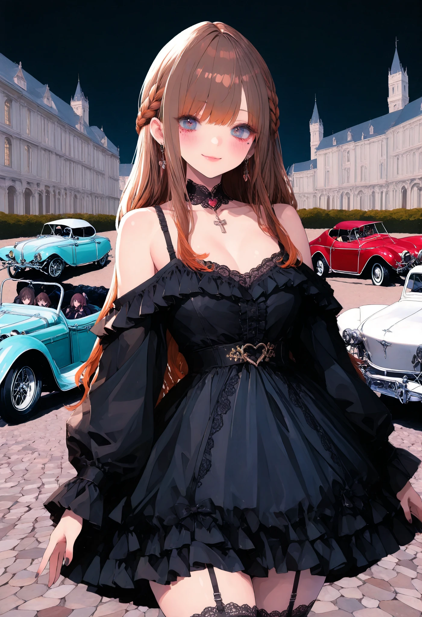 brown hair,shortcuts,unkempt hair,Short braided hair,Neat,スレンダー美people,correct attitude,small breasted,beautiful legs,The enchanting gray-blue eyes are shining like stars,Saggy Eyes,bright color,beautiful eyes,A delicate smile,cowboy shot、gothic parade、(((classic cars)))、gothic girl、((背後に黒いpeople々The march of))、((people々silhouette with 2 heads))、Tokyo Cinderella Castle, people々Passes by,heavy and glamorous atmosphere、gorgeous float、A horse-drawn carriage drawn by a jet black horse、masquerade costumes、Elegant decoration、frills、race、gold embroidery、crimson and purple velvet、fiery torches、Night City、Cobblestone、majestic architecture、Contrast of Shadow and Light、Mysterious、fantastic、dramatic、High Fine、meteor、空から降り注ぐmeteor、無数のmeteor群、Textured Skin,best quality,gentle and beautiful woman,anime style、high quality lighting、add a bit of cyberpunk vibe、emphasis on detail、8K、masterpiece、Art Station、cinematic、volumetric lighting、cinematic vibe、Decadent Beauty、deep composition、