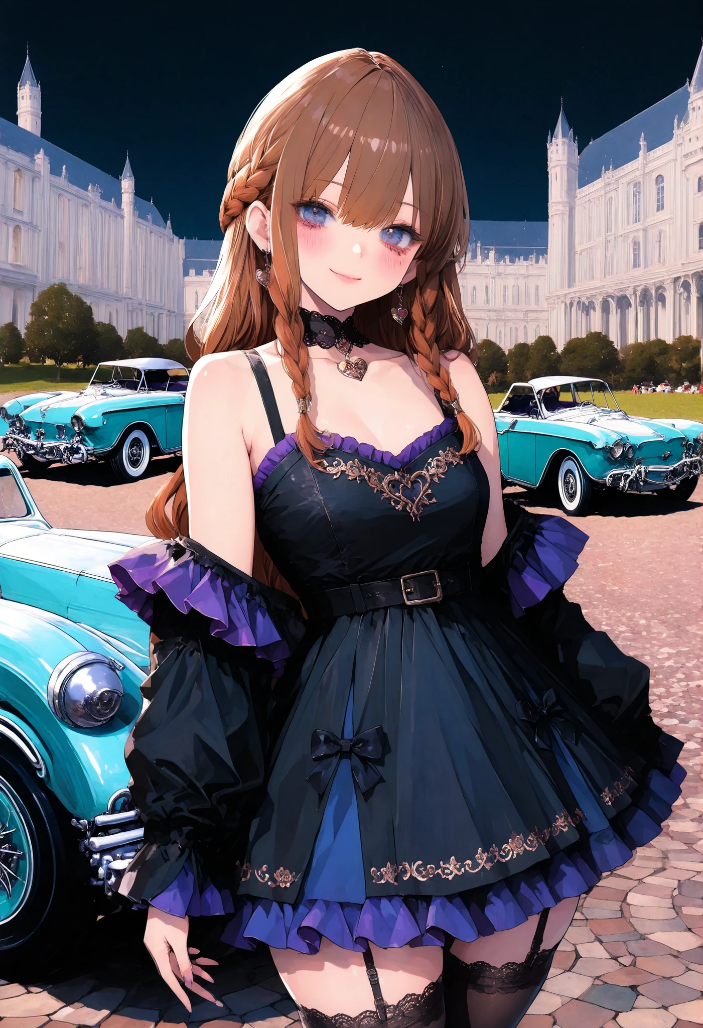 brown hair,shortcuts,unkempt hair,Short braided hair,Neat,スレンダー美people,correct attitude,small breasted,beautiful legs,The enchanting gray-blue eyes are shining like stars,Saggy Eyes,bright color,beautiful eyes,A delicate smile,cowboy shot、gothic parade、(((classic cars)))、gothic girl、((背後に黒いpeople々The march of))、((people々silhouette with 2 heads))、Tokyo Cinderella Castle, people々Passes by,heavy and glamorous atmosphere、gorgeous float、A horse-drawn carriage drawn by a jet black horse、masquerade costumes、Elegant decoration、frills、race、gold embroidery、crimson and purple velvet、fiery torches、Night City、Cobblestone、majestic architecture、Contrast of Shadow and Light、Mysterious、fantastic、dramatic、High Fine、meteor、空から降り注ぐmeteor、無数のmeteor群、Textured Skin,best quality,gentle and beautiful woman,anime style、high quality lighting、add a bit of cyberpunk vibe、emphasis on detail、8K、masterpiece、Art Station、cinematic、volumetric lighting、cinematic vibe、Decadent Beauty、deep composition、