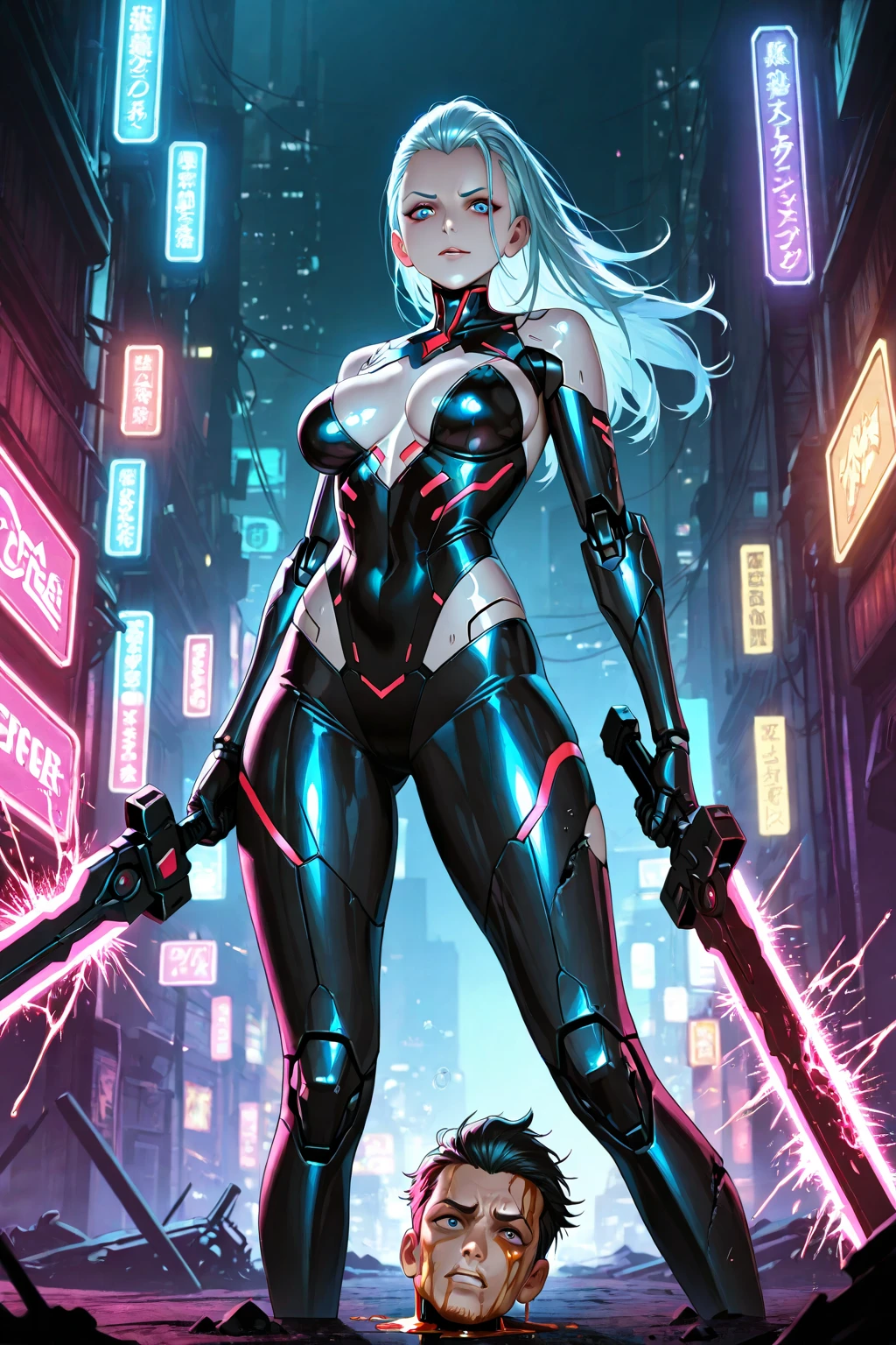 ((a photorealistic glamour shot of an exquisite, glamour mecha female vampire: 1.5)), ((full body: 1.3)), ultra feminine, pale face, silver hair, long vibrant shiny hair, glamorous hair,  red eyes, miniatures mechanical , deep  eyes, red lips,  lips, ((two visible vampiric fangs: 1.5), drops of blood dripping from the mouth, ((cyberpunk style: 1.5)), she wears (blue elegant glamour dress, with small delicate mechanical parts: 1.4), digital parts,  intricate details, the dress is studded with diamonds, tight suit, dynamic color, high heels, cyberpunk street at night background, (highest quality:1.2, Very detailed, up to date, Vibrant, Ultra-high resolution, High Contrast, masterpiece:1.2, highest quality, Best aesthetics), best details, best quality, highres, ultra wide angle, 16k, [ultra detailed], masterpiece, best quality, (extremely detailed), Genetically modified..., Cinematic Hollywood Film, nijimecha, aetherpunkai