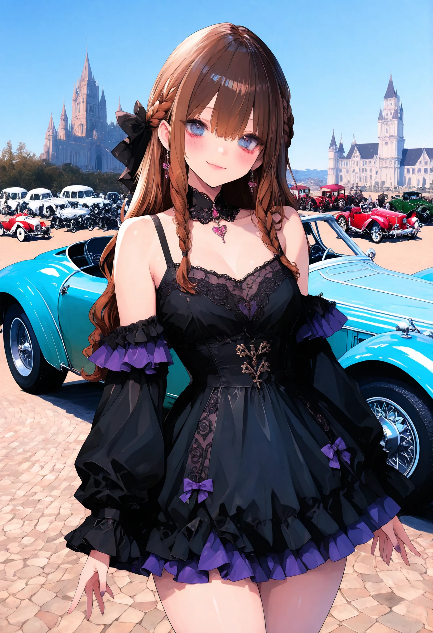 brown hair,shortcuts,unkempt hair,Short braided hair,Neat,スレンダー美people,correct attitude,small breasted,beautiful legs,The enchanting gray-blue eyes are shining like stars,Saggy Eyes,bright color,beautiful eyes,A delicate smile,cowboy shot、gothic parade、(((classic cars)))、gothic girl、((背後に黒いpeople々The march of))、((people々silhouette with 2 heads))、Tokyo Cinderella Castle, people々Passes by,heavy and glamorous atmosphere、gorgeous float、A horse-drawn carriage drawn by a jet black horse、masquerade costumes、Elegant decoration、frills、race、gold embroidery、crimson and purple velvet、fiery torches、Night City、Cobblestone、majestic architecture、Contrast of Shadow and Light、Mysterious、fantastic、dramatic、High Fine、meteor、空から降り注ぐmeteor、無数のmeteor群、Textured Skin,best quality,gentle and beautiful woman,anime style、high quality lighting、add a bit of cyberpunk vibe、emphasis on detail、8K、masterpiece、Art Station、cinematic、volumetric lighting、cinematic vibe、Decadent Beauty、deep composition、