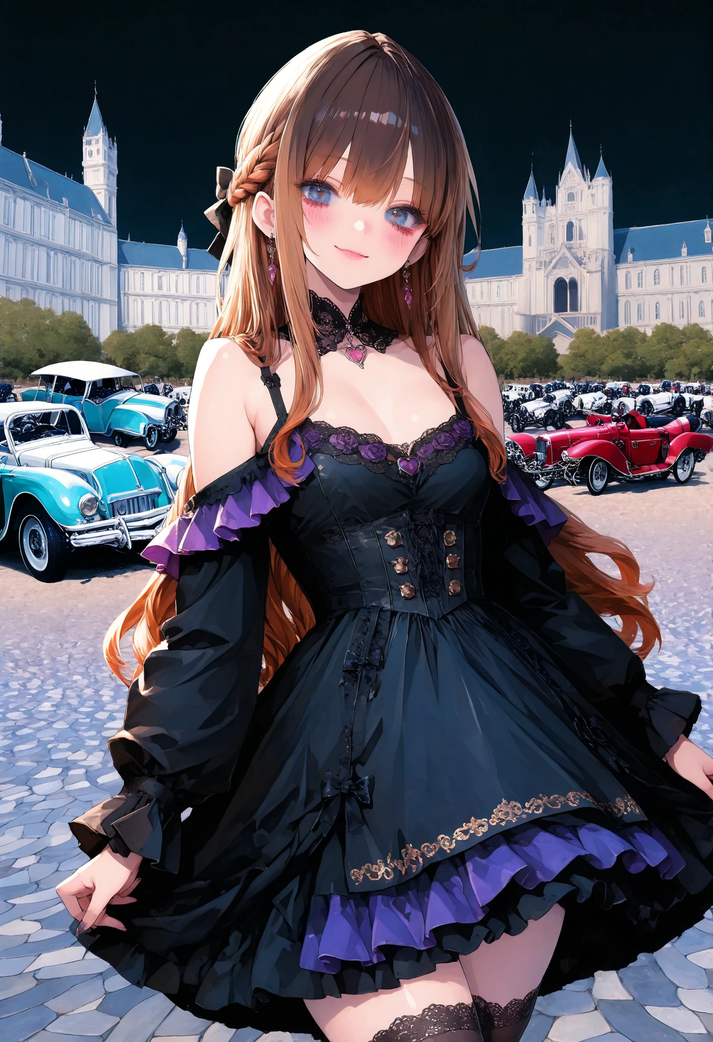 brown hair,shortcuts,unkempt hair,Short braided hair,Neat,スレンダー美people,correct attitude,small breasted,beautiful legs,The enchanting gray-blue eyes are shining like stars,Saggy Eyes,bright color,beautiful eyes,A delicate smile,cowboy shot、gothic parade、(((classic cars)))、gothic girl、((背後に黒いpeople々The march of))、((people々silhouette with 2 heads))、Tokyo Cinderella Castle, people々Passes by,heavy and glamorous atmosphere、gorgeous float、A horse-drawn carriage drawn by a jet black horse、masquerade costumes、Elegant decoration、frills、race、gold embroidery、crimson and purple velvet、fiery torches、Night City、Cobblestone、majestic architecture、Contrast of Shadow and Light、Mysterious、fantastic、dramatic、High Fine、meteor、空から降り注ぐmeteor、無数のmeteor群、Textured Skin,best quality,gentle and beautiful woman,anime style、high quality lighting、add a bit of cyberpunk vibe、emphasis on detail、8K、masterpiece、Art Station、cinematic、volumetric lighting、cinematic vibe、Decadent Beauty、deep composition、