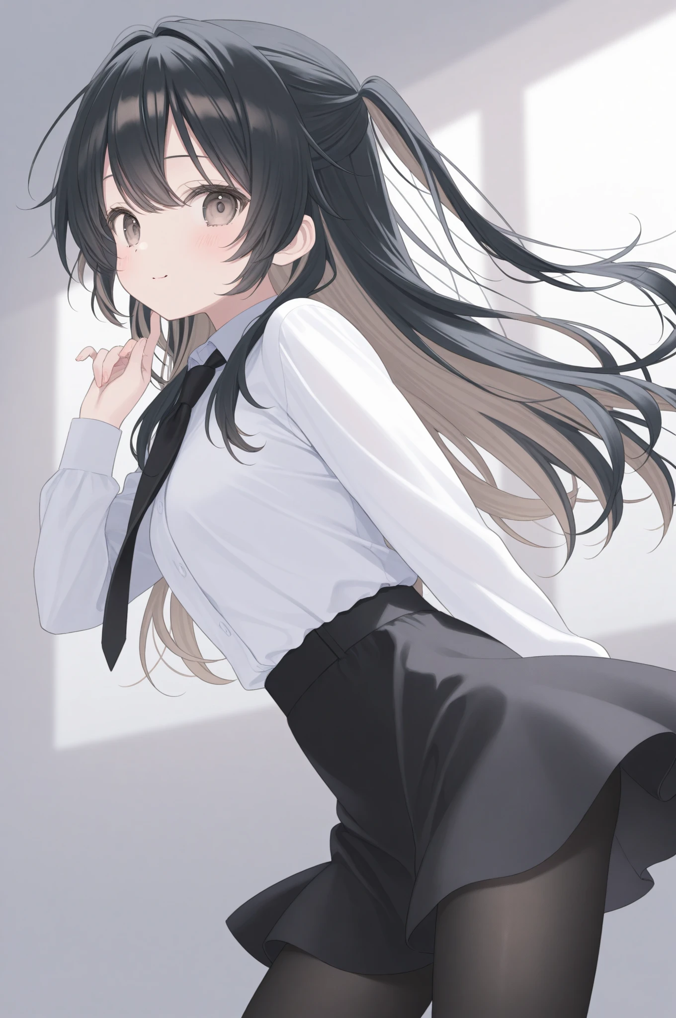 Please draw a high school girl with long brown hair wearing a uniform.。The background is plain。Standing with the whole body facing forward。The face is smiling with the mouth closed。Keep your arms hanging down at your sides。Please shoot from the head to the upper body。Cat eyes and green eye color。No pose needed。