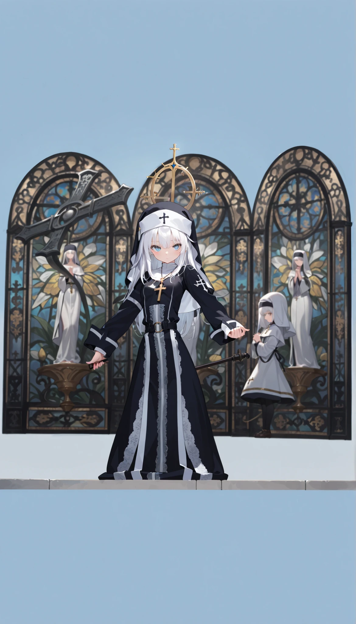 (masterpiece, best quality:1.2), looking at viewer, own hands together, nun hood, nun outfit, cross necklace, church 1girl, Albino, white hair, blue eyes,