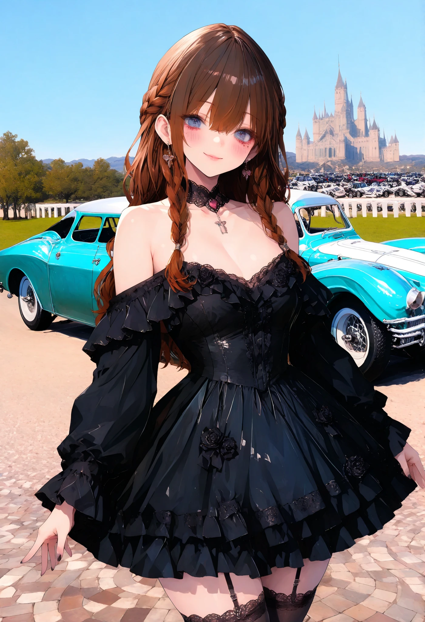 brown hair,shortcuts,unkempt hair,Short braided hair,Neat,スレンダー美people,correct attitude,small breasted,beautiful legs,The enchanting gray-blue eyes are shining like stars,Saggy Eyes,bright color,beautiful eyes,A delicate smile,cowboy shot、gothic parade、(((classic cars)))、gothic girl、((背後に黒いpeople々The march of))、((people々silhouette with 2 heads))、Tokyo Cinderella Castle, people々Passes by,heavy and glamorous atmosphere、gorgeous float、A horse-drawn carriage drawn by a jet black horse、masquerade costumes、Elegant decoration、frills、race、gold embroidery、crimson and purple velvet、fiery torches、Night City、Cobblestone、majestic architecture、Contrast of Shadow and Light、Mysterious、fantastic、dramatic、High Fine、meteor、空から降り注ぐmeteor、無数のmeteor群、Textured Skin,best quality,gentle and beautiful woman,anime style、high quality lighting、add a bit of cyberpunk vibe、emphasis on detail、8K、masterpiece、Art Station、cinematic、volumetric lighting、cinematic vibe、Decadent Beauty、deep composition、