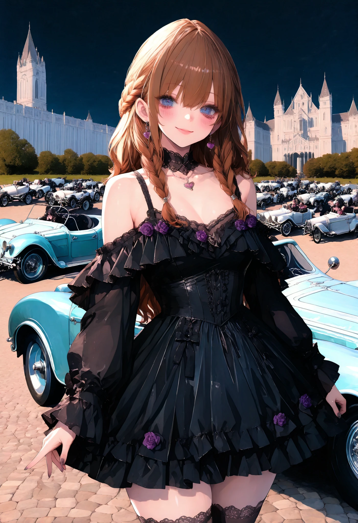 brown hair,shortcuts,unkempt hair,Short braided hair,Neat,スレンダー美people,correct attitude,small breasted,beautiful legs,The enchanting gray-blue eyes are shining like stars,Saggy Eyes,bright color,beautiful eyes,A delicate smile,cowboy shot、gothic parade、(((classic cars)))、gothic girl、((背後に黒いpeople々The march of))、((people々silhouette with 2 heads))、Tokyo Cinderella Castle, people々Passes by,heavy and glamorous atmosphere、gorgeous float、A horse-drawn carriage drawn by a jet black horse、masquerade costumes、Elegant decoration、frills、race、gold embroidery、crimson and purple velvet、fiery torches、Night City、Cobblestone、majestic architecture、Contrast of Shadow and Light、Mysterious、fantastic、dramatic、High Fine、meteor、空から降り注ぐmeteor、無数のmeteor群、Textured Skin,best quality,gentle and beautiful woman,anime style、high quality lighting、add a bit of cyberpunk vibe、emphasis on detail、8K、masterpiece、Art Station、cinematic、volumetric lighting、cinematic vibe、Decadent Beauty、deep composition、