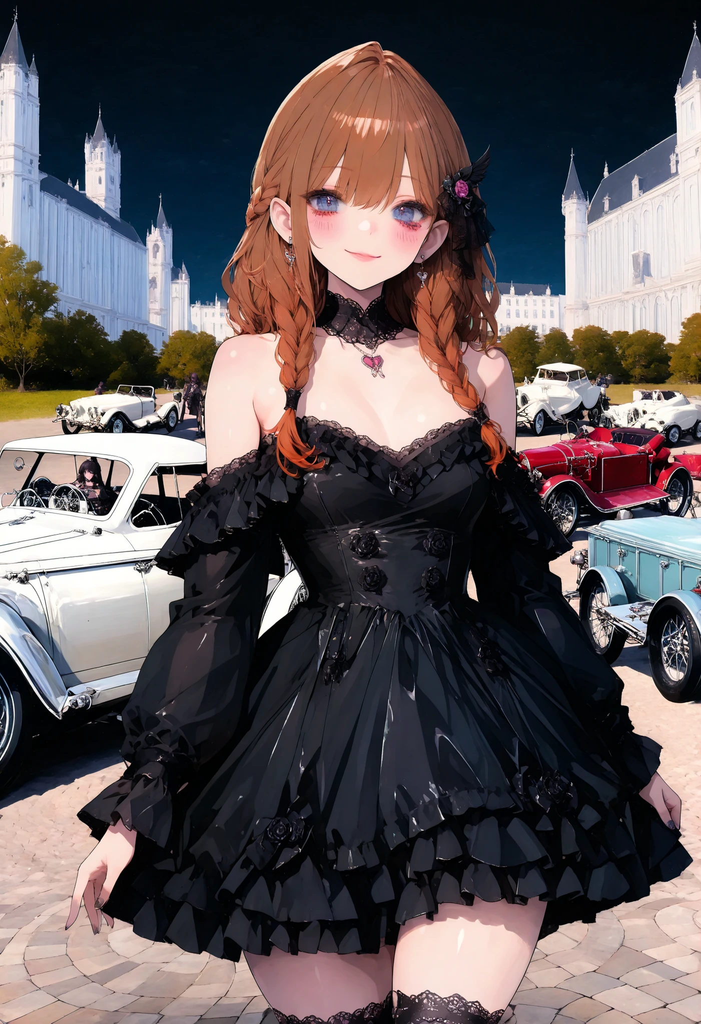 brown hair,shortcuts,unkempt hair,Short braided hair,Neat,スレンダー美people,correct attitude,small breasted,beautiful legs,The enchanting gray-blue eyes are shining like stars,Saggy Eyes,bright color,beautiful eyes,A delicate smile,cowboy shot、gothic parade、(((classic cars)))、gothic girl、((背後に黒いpeople々The march of))、((people々silhouette with 2 heads))、Tokyo Cinderella Castle, people々Passes by,heavy and glamorous atmosphere、gorgeous float、A horse-drawn carriage drawn by a jet black horse、masquerade costumes、Elegant decoration、frills、race、gold embroidery、crimson and purple velvet、fiery torches、Night City、Cobblestone、majestic architecture、Contrast of Shadow and Light、Mysterious、fantastic、dramatic、High Fine、meteor、空から降り注ぐmeteor、無数のmeteor群、Textured Skin,best quality,gentle and beautiful woman,anime style、high quality lighting、add a bit of cyberpunk vibe、emphasis on detail、8K、masterpiece、Art Station、cinematic、volumetric lighting、cinematic vibe、Decadent Beauty、deep composition、