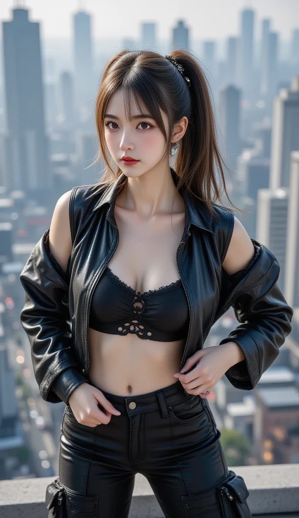 (((8k wallpaper of extremely detailed CG unit:1.2, ​masterpiece, hight resolution:1.2, top-quality:1.2, masutepiece))), ((a very beautiful woman, Hands in pockets:1.8, Street fashion:1.2, wearing a colorful jacket:1.2, denim, Wearing boots)), ((extra detailed face, Highly detailed black eyes, extra detailed body, Top quality real texture skins)), (Red Straight Hair:1.2, de pele branca, exposed shoulder), ((Empty alley, Mileland. natta, Neon Street)), (high-angle, a closeup, Fisheye:1.3), hyper realisitic, digitial painting,
